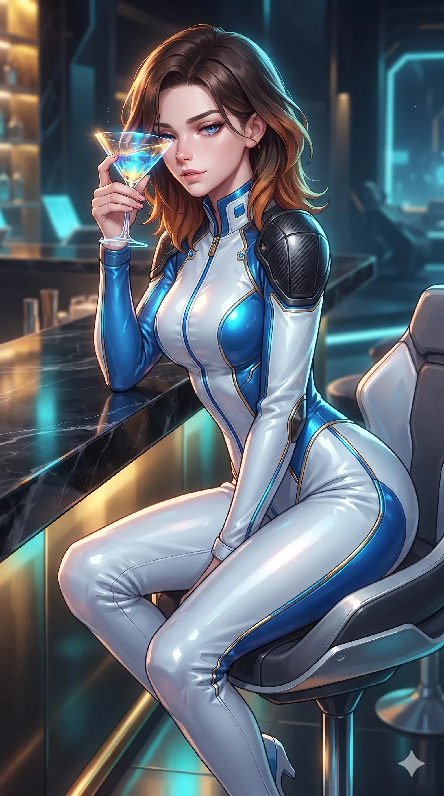 score_9, masterpiece, best quality, ultra-detailed, high-budget anime keyframe, editorial fashion photography, tasteful artistic composition, Korean woman. close-up cowboy shot from the waist and thighs up, the character dominates the composition, filling the frame with her large presence. perched sideways on the pilot seat, one knee drawn up to showcase her slender leg line while her arched back accentuates her feminine hip curve while leaning over the black marble bar with hips cocked back, looking through a holographic cocktail glass with heavy-lidded seductive bedroom-eyes. The surrounding environment is rendered in vivid detail and crisp panoramic clarity: sharp holographic dice numeral facets, polished black marble counter bevels, and crisp skyscraper window grids in deep focus. She has an exceptionally elegant, slender, and willowy female figure with an ultra-slim waist, flat toned midriff, narrow ribcage, and sculpted feminine hips creating an alluring, slim hourglass silhouette without bulk. sharp v-shaped jawline, high-bridge nose, intricate jewel-like sparkling eyes with depth, thick eyelashes, glossy parted lips with a natural sheen, bright confident smile with an enchanting and coquettish sensual glint, exuding both youthful magnetic charm and sovereign high-tech allure, flawlessly proportioned anatomical accuracy, strict slender model proportions, natural body alignment, perfectly sculpted long slender limbs, ultra-slim waistline, clean dynamic posture without body distortion. wearing a tailored high-collar aerodynamic flight suit with structured carbon-fiber shoulder plates and ergonomic zip channels in arctic snowflake white and electric plasma blue, crafted from lightweight aerodynamic matte carbon-fiber weave with structural stiffness, accented with strategically placed chrome armor plate guards covering key curves, the impeccably tailored cut draping gracefully along her slender figure with aristocratic poise. illuminated by bar top reflections and sharp gold-cyan rim lights defining her razor-sharp jawline, narrow waist, and curvy hips. ultra-reflective glossy finish, specular highlights, rich textural contrasts, high-contrast stereoscopic depth, volumetric dynamic lighting, 2k, ultra detail, master piece, 9:16 ratio