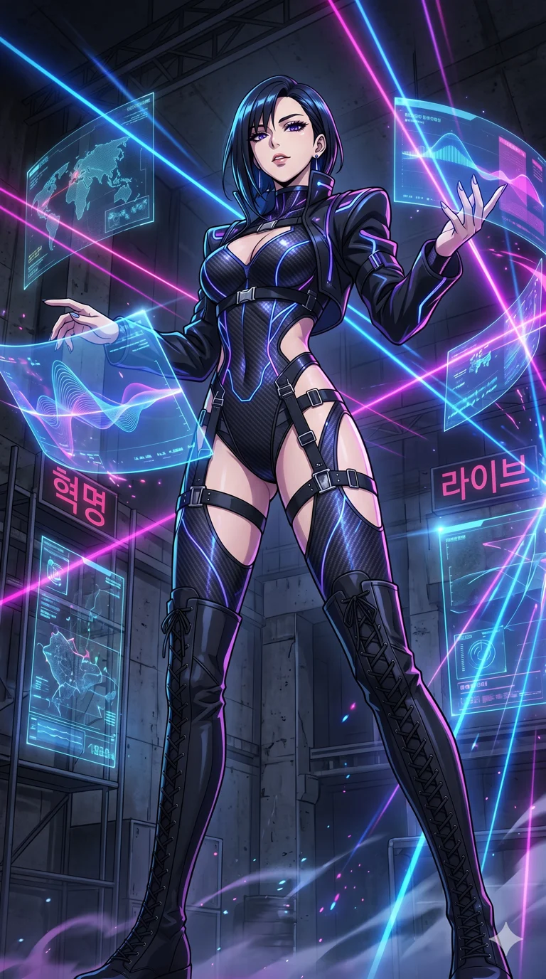 score_9, masterpiece, best quality, ultra-detailed, High-budget Anime Keyframe, vibrant colors, fluid line-art, expressive lighting, cinematic composition, Ufotable-style visual effects, top-tier animation quality, Korean woman with idol-like refined features. Low angle cowboy shot filling the entire 9:16 frame with her statuesque presence, looking up to emphasize her height. Orchestrating a complex symphony of laser lights and holographic projections in a grand futuristic concert hall. She has an absolutely perfect 8-heads proportion, an exceptionally tall and slender female figure with impossibly long slender legs and an ultra-slim waist, her statuesque height and towering silhouette dominating the vertical 9:16 frame. Her face is a masterpiece featuring a sharp v-shaped jawline, high-bridge nose, intricate jewel-like eyes with depth, thick eyelashes, and glossy lips with a natural sheen. She is wearing a Molten metal-look bodysuit with daring cut-outs and a high-cut silhouette crafted from Carbon-fiber weave with a high-tech matte finish and integrated glowing filaments, with an exposed midriff and a complex harness system that draws the eye. The scene is set in an underground rebel bunker with flickering holographic screens and tactical maps, illuminated by harsh neon light and deep shadows creating a high-contrast noir aesthetic. 2k, ultra detail, master piece, 9:16 ratio