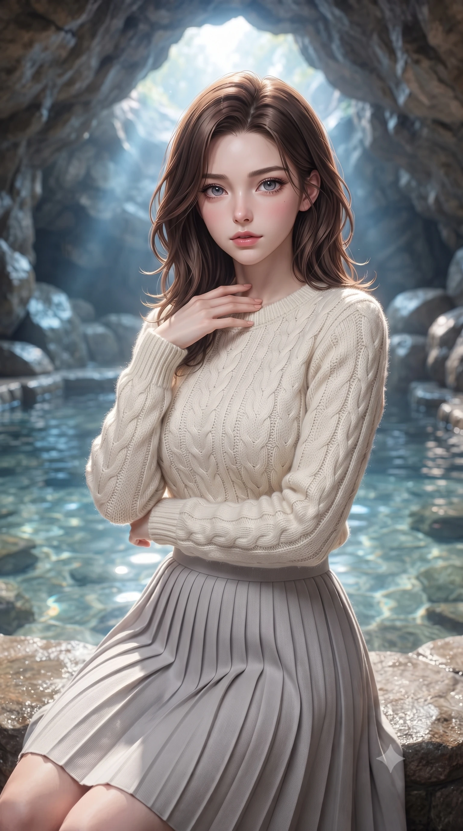 score_9, masterpiece, best quality, ultra-detailed, high-budget anime keyframe, editorial fashion photography, tasteful artistic composition, Korean woman. close-up cowboy shot from the waist and thighs up, the character dominates the composition, filling the frame with her large presence, background elements kept in soft focus. standing with one hand resting on her collarbone, looking at the viewer with bedroom-eyes the background shows a soft-focus a private stone bath pool built inside a natural rock cave with clear mineral water. She has an exceptionally elegant, slender, and willowy female figure with an ultra-slim waist, a gracefully sculpted slender torso, and a refined silhouette. sharp v-shaped jawline, high-bridge nose, intricate jewel-like eyes with depth, thick eyelashes, glossy lips with a natural sheen. wearing a body-hugging cozy cable-knit sweater in ivory, paired with a pleated light grey midi skirt. soft blue light reflecting from the pool water onto the rocky cave ceiling. ultra-reflective glossy finish, specular highlights, metallic sheen, high-contrast stereoscopic depth, volumetric dynamic lighting, 2k, ultra detail, master piece, 9:16 ratio