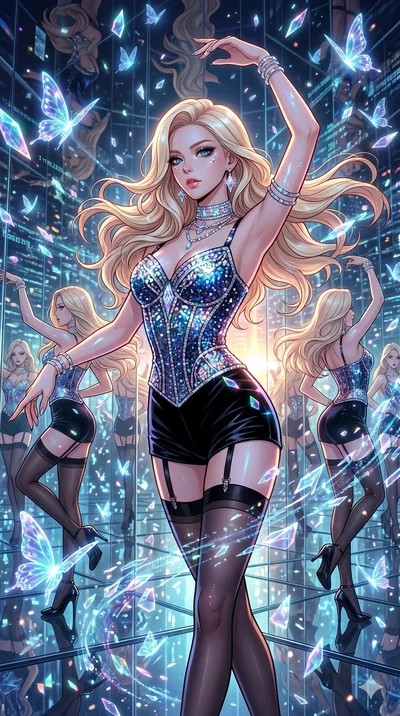 score_9, masterpiece, best quality, ultra-detailed, high-budget anime movie keyframe, cinematic anime lighting, intricate line art, Korean woman. Medium shot of upper body capturing the intricate details of her high-fashion attire. dancing with data-