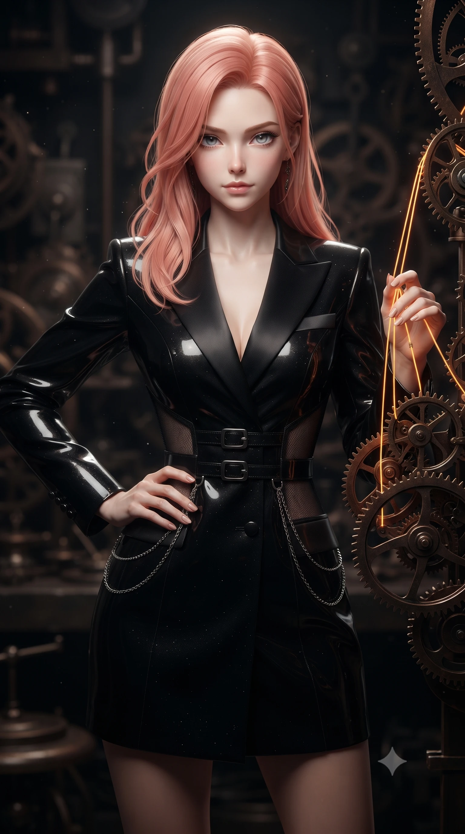score_9, masterpiece, best quality, ultra-detailed, high-budget anime keyframe, editorial fashion photography, tasteful artistic composition, Japanese woman. close-up cowboy shot from the waist and thighs up, the character dominates the composition, filling the frame with her large presence, background elements kept in soft focus. Holding a confident power pose with one hand on her hip, threading glowing amber clock wires through dark bronze mechanical sprockets, fine metallic dust glittering around dark mechanical clockwork. She has an exceptionally elegant, slender, and willowy female figure with an ultra-slim waist, a gracefully sculpted slender torso, and a refined silhouette. sharp v-shaped jawline, high-bridge nose, intricate jewel-like eyes with depth, thick eyelashes, glossy lips with a natural sheen. wearing tailored onyx black tux dress with silk lapels and fitted waist in pitch-black onyx, made of fine dark contouring mesh, framed by dark titanium buckles and silver chain details, highlighting her statuesque proportions and ultra-slim waistline. surrounded by moody gear shadows and sharp mechanical edge lighting. ultra-reflective glossy finish, specular highlights, metallic sheen, high-contrast stereoscopic depth, volumetric dynamic lighting, 2k, ultra detail, master piece, 9:16 ratio