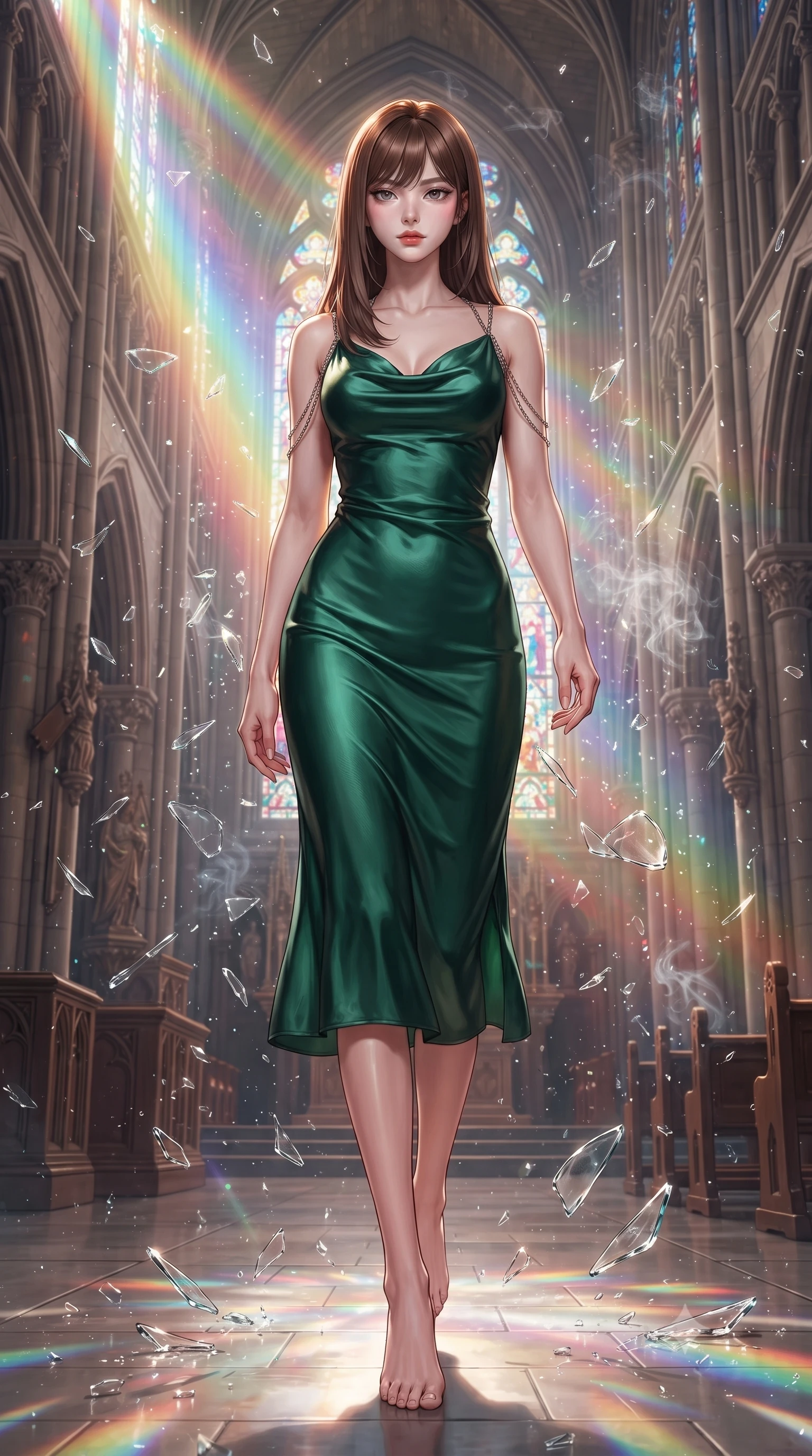 score_9, masterpiece, best quality, ultra-detailed, high-budget anime keyframe, editorial fashion photography, tasteful artistic composition, Korean woman. low angle full-body shot from head to toe showing her feet, filling the entire 9:16 vertical frame with her statuesque presence, stretching her vertical silhouette. stepping forward with proud posture, filling the vertical frame with her magnetic presence leaping through shattered liquid glass fragments in a illuminated cathedral, floating glass dust and incense smoke scattering colorful light beams. She has an absolutely perfect, statuesque 8.5-heads proportion, an exceptionally tall and slender model-like female figure with impossibly long slender legs and an ultra-slim waist. sharp v-shaped jawline, high-bridge nose, intricate jewel-like eyes with depth, thick eyelashes, glossy lips with a natural sheen. wearing an elegant cowl-neck satin midi dress with a draped neckline in deep emerald green and silver accent, made of fine carbon-fiber weave and soft matte leather, adorned with delicate metallic chain straps along the neckline, the glove-like fit emphasizing her statuesque silhouette. bathed in cascading rainbow prismatic light refracting through stained glass. ultra-reflective glossy finish, specular highlights, metallic sheen, high-contrast stereoscopic depth, volumetric dynamic lighting, 2k, ultra detail, master piece, 9:16 ratio