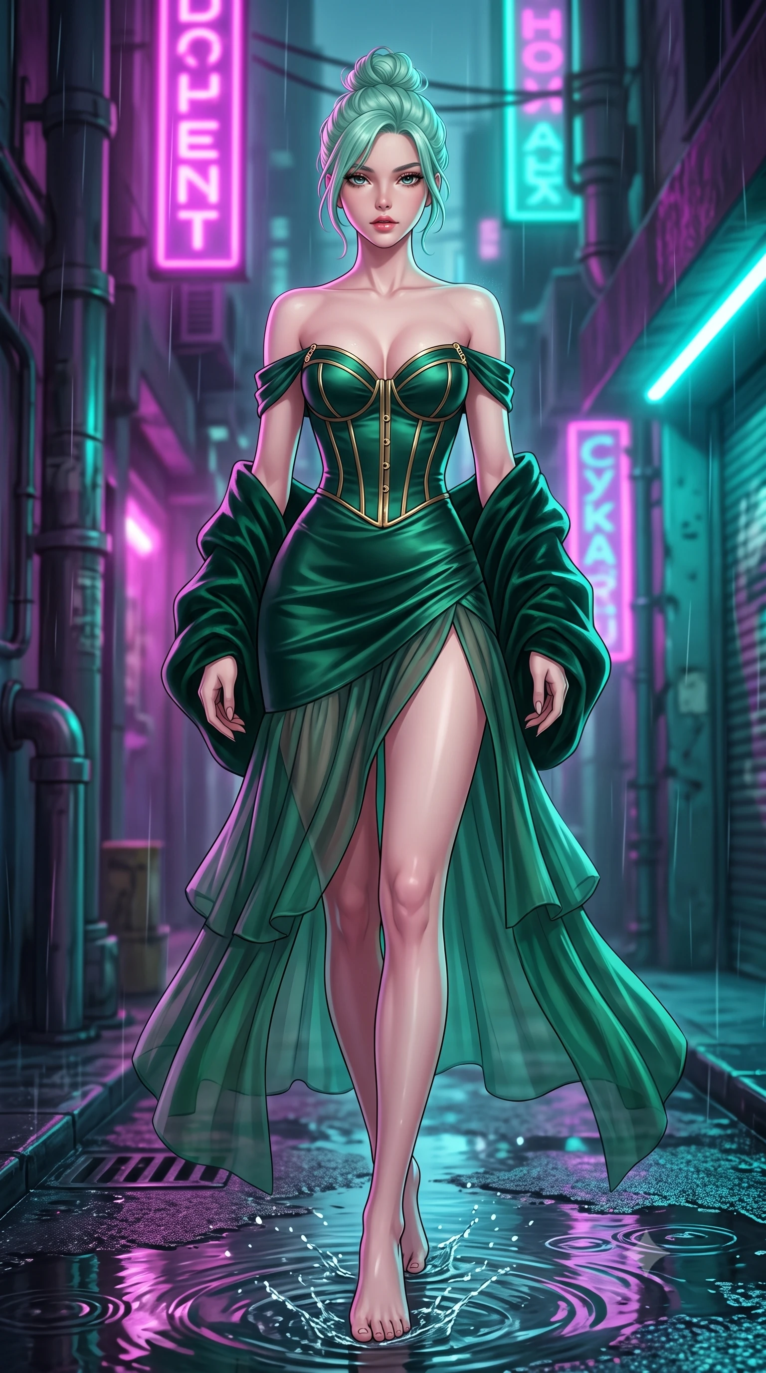 score_9, masterpiece, best quality, ultra-detailed, high-budget anime keyframe, semi-realistic 3D game render, editorial fashion photography, tasteful artistic composition, Japanese woman. low angle full-body shot from head to toe showing her feet, filling the entire 9:16 vertical frame with her statuesque presence, stretching her vertical silhouette. striding forward in a proud supermodel runway stride, hips swaying in an alluring kinetic rhythm that accentuates her curvy hourglass silhouette while striding through the rain-slicked alleyway beneath flashing neon signs, arching her back with sovereign poise as water ripples splash beneath her long slender legs. The composition keeps background elements in soft focus with creamy bokeh. cybernetic utility pipes and wet asphalt puddles softened in moody cyberpunk shallow focus. She has an exceptionally tall and slender model-like 8.5-heads proportion, an ultra-slim waist, a flat toned midriff, narrow delicate ribcage, and beautifully sculpted feminine hips creating a graceful, slim hourglass silhouette without any bulky heaviness, with impossibly long slender legs. sharp v-shaped jawline, high-bridge nose, intricate jewel-like eyes with depth, thick eyelashes, glossy parted lips with a natural sheen, intensely captivating and seductive bedroom-eyes expression, flawlessly proportioned anatomical accuracy, strict slender model proportions, natural body alignment, perfectly sculpted long slender limbs, ultra-slim waistline, clean dynamic posture without body distortion. wearing an off-shoulder French court corset bodice dress paired with a tiered translucent chiffon slit skirt in deep emerald green satin and gold hardware, formed from supple second-skin lambskin leather with specular sheen, complemented by a plush velvet shawl draped loosely over her elbows, the liquid-tight tailored fabric clinging flawlessly to her narrow waist and rounded feminine hips, emphasizing every millimeter of her sculpted slim hourglass curves without any bulky heaviness. bathed in high-contrast electric magenta and turquoise neon edge lights contrasting with rain-soaked shadow tones. highly saturated vibrant anime colors, detailed shading with soft gradients, rich glossy textures, high-contrast stereoscopic depth, volumetric dynamic lighting, master piece, 9:16 ratio