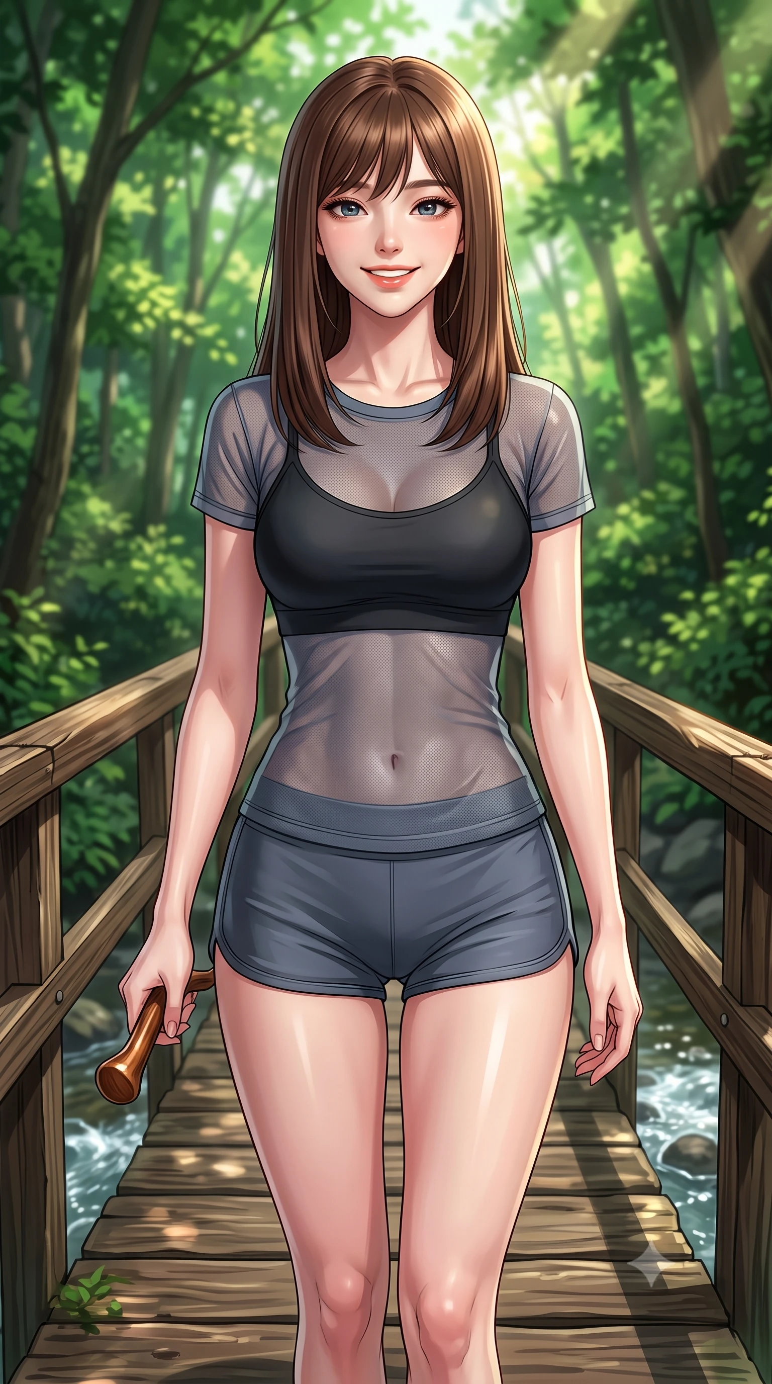 score_9, masterpiece, best quality, ultra-detailed, high-budget anime keyframe, editorial fashion photography, tasteful artistic composition, Korean woman. close-up cowboy shot from the waist and thighs up, the character dominates the composition, filling the frame with her large presence, background elements kept in soft focus. gazing at the camera with a warm, lovely smile and cute, friendly eye contact set against a soft-focus background of on a rustic wooden bridge crossing a shallow, bubbling valley stream holding a small wooden walking stick with a bright, active smile. She has an exceptionally elegant, slender, and willowy female figure with an ultra-slim waist, a gracefully sculpted slender torso, and a refined silhouette. sharp v-shaped jawline, high-bridge nose, intricate jewel-like eyes with depth, thick eyelashes, glossy lips with a natural sheen. wearing slim-fit sheer mesh athletic top in slate grey, worn over a slim-fit sports bralette and shorts. dappled sunbeams filtering through the dense green forest canopy. highly saturated vibrant anime colors, detailed shading with soft gradients, rich glossy textures, high-contrast stereoscopic depth, volumetric dynamic lighting, master piece, 9:16 ratio