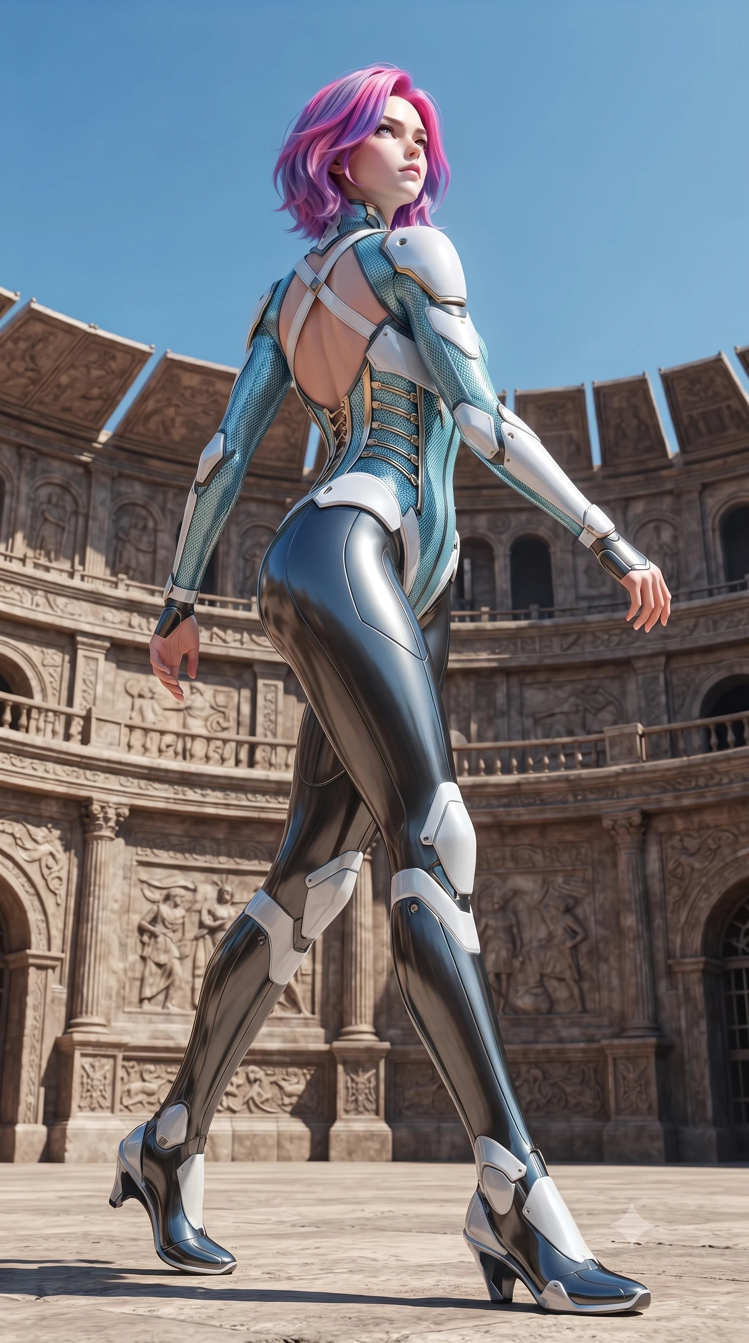 score_9, masterpiece, best quality, ultra-detailed, high-budget anime keyframe, editorial fashion photography, tasteful artistic composition, Caucasian woman. low angle full-body shot from head to toe showing her feet, filling the entire 9:16 vertical frame with her statuesque presence, stretching her vertical silhouette. striding forward with sovereign warrior elegance in a low, predatory combat advance, hips swaying with fierce athletic poise from head to toe while standing victorious in the center of the arena with arms at her sides, looking up into the grandstands with regal poise. The surrounding environment is rendered in vivid detail and crisp panoramic clarity. intricate titanium armor plating bevels, colosseum wall carvings, and clear blue sky in high clarity. She has an absolutely perfect, statuesque 8.5-heads proportion, an exceptionally tall and slender model-like female figure with impossibly long slender legs, a toned flat midriff, and an ultra-slim waist. sharp v-shaped jawline, high-bridge nose, intricate jewel-like eyes with depth, thick eyelashes, glossy lips with a natural sheen, flawlessly proportioned anatomical accuracy, strict slender model proportions, natural body alignment, perfectly sculpted long slender limbs, ultra-slim waistline, clean dynamic posture without body distortion. wearing a precision-tailored high-fashion carbon-fiber corset bodysuit with gold mechanical rib boning and kinetic shock-dampening palms in glacial ice-cyan carbon mesh with pure white armor plates, made of lightweight aerodynamic carbon-titanium alloy with polished edge bevels, complemented by criss-cross back harness straps highlighting her completely bare spine, the glove-like aerodynamic second-skin fit tightly clinging to her ultra-slender waist and athletic curves without adding bulk, accentuating her razor-sharp statuesque lines and slim hourglass silhouette. surrounded by a glorious, invincible, and fiercely captivating cyber-gladiator empress aura. ultra-reflective glossy finish, specular highlights, dark metallic sheen, high-contrast stereoscopic depth, volumetric dynamic lighting, 2k, ultra detail, master piece, 9:16 ratio