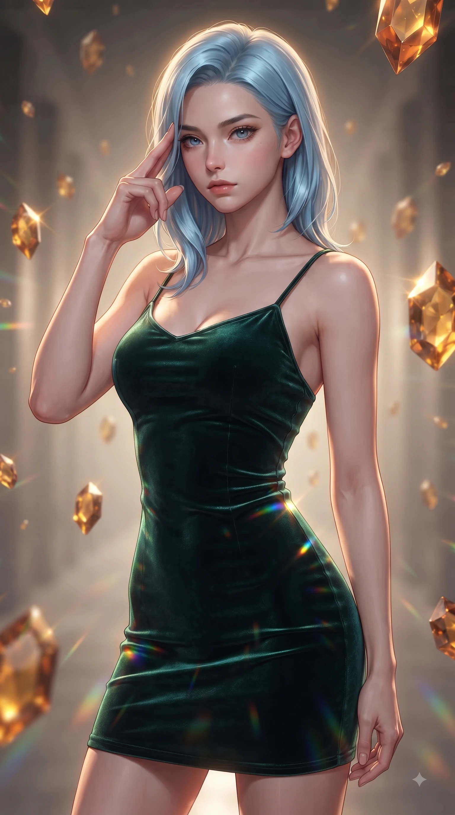 score_9, masterpiece, best quality, ultra-detailed, high-budget anime keyframe, editorial fashion photography, tasteful artistic composition, Korean woman woman. close-up cowboy shot from the waist and thighs up, the character dominates the composition, filling the frame with her large presence, background elements kept in soft focus. She has an exceptionally elegant, slender, and willowy female figure with an ultra-slim waist, a gracefully sculpted slender torso, and a refined silhouette. pressing two fingers to her temple in a composed gesture, gazing past the camera with sharp focus, flawlessly proportioned anatomical accuracy, natural body alignment, perfectly sculpted elegant limbs, clean dynamic posture without body distortion. set against a soft-focus background of a temporal corridor with floating amber time crystals. wearing a fitted dark emerald velvet slip dress with a smooth liquid sheen and delicate straps. bathed in golden temporal energy flares casting dramatic volumetric rim lighting. ultra-reflective glossy finish, specular highlights, metallic sheen, high-contrast stereoscopic depth, volumetric dynamic lighting, 2k, ultra detail, master piece, 9:16 ratio