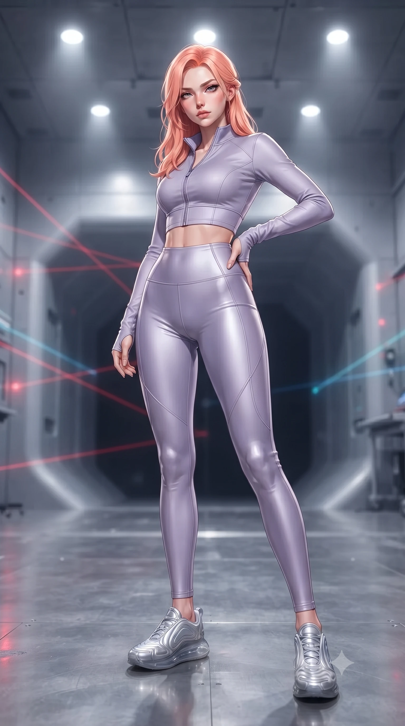 score_9, masterpiece, best quality, ultra-detailed, high-budget anime keyframe, editorial fashion photography, tasteful artistic composition, Japanese woman. low angle full-body shot from head to toe showing her feet, filling the entire 9:16 vertical frame with her statuesque presence, stretching her vertical silhouette. posing confidently with one hand on her hip, stretching her statuesque body to emphasize her curves the background shows a soft-focus a futuristic vehicle testing chamber with wind tunnels and laser indicators. She has an absolutely perfect, statuesque 8.5-heads proportion, an exceptionally tall and slender model-like female figure with impossibly long slender legs and an ultra-slim waist. sharp v-shaped jawline, high-bridge nose, intricate jewel-like eyes with depth, thick eyelashes, glossy lips with a natural sheen. wearing a body-hugging body-hugging activewear set of a tailored zip-up long-sleeve crop top and matching high-waisted leggings in soft lavender. focused white spotlights casting clean, structured shadows across her pose. ultra-reflective glossy finish, specular highlights, metallic sheen, high-contrast stereoscopic depth, volumetric dynamic lighting, 2k, ultra detail, master piece, 9:16 ratio