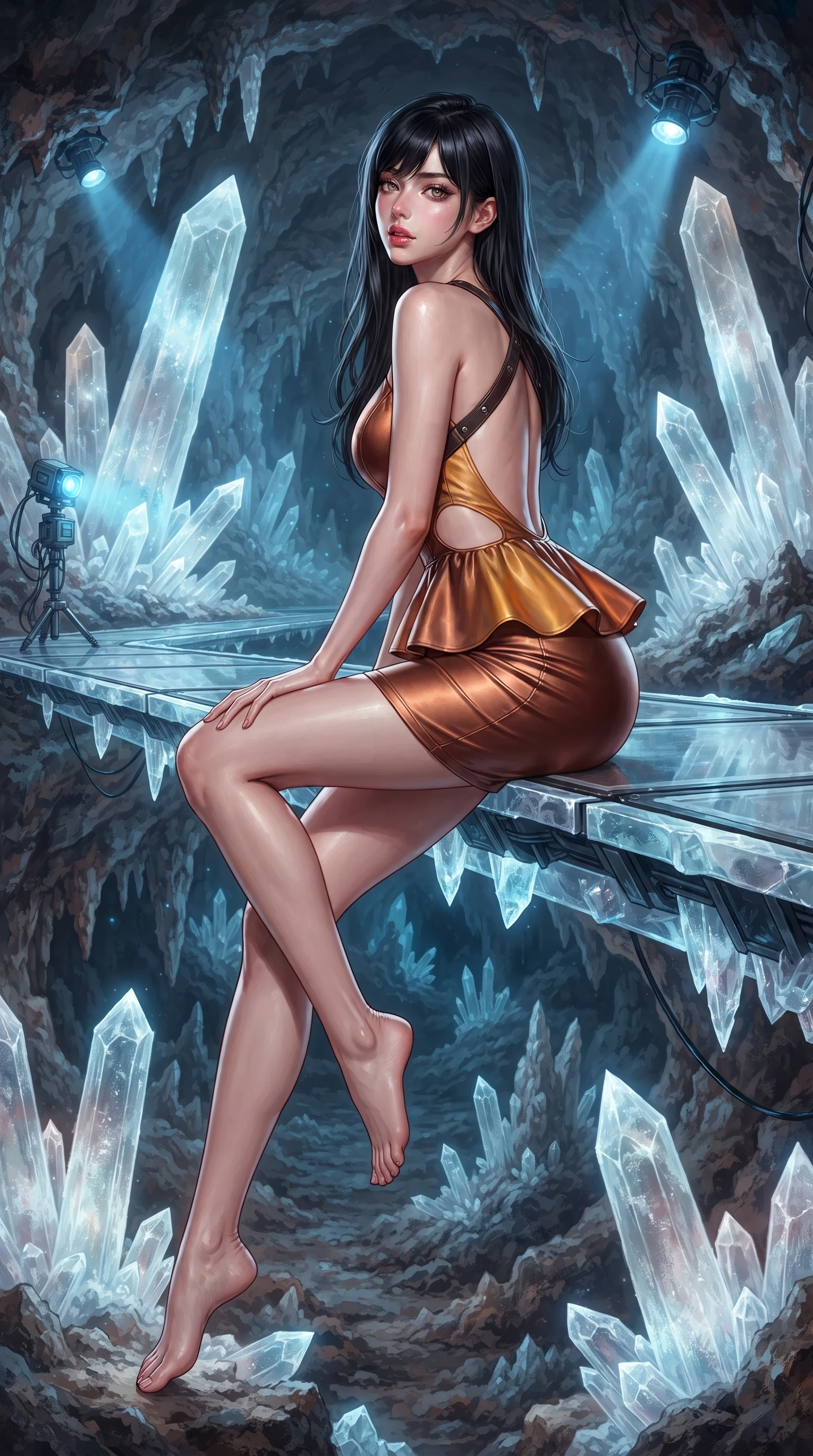 score_9, masterpiece, best quality, ultra-detailed, high-budget anime keyframe, editorial fashion photography, tasteful artistic composition, Caucasian woman. low angle full-body shot from head to toe showing her feet, filling the entire 9:16 vertical frame with her statuesque presence, stretching her vertical silhouette. sitting perched on the elevated edge with hips angled toward the camera and legs crossed, displaying her toned midriff and flawlessly sculpted slender limbs while standing on a suspended high-tech walkway between colossal translucent selenite crystal spires, arching her back as blue research spotlights illuminate their inner glow. The surrounding environment is rendered in vivid detail and crisp panoramic clarity. detailed liquid-tight fabric sheen, crystal specular reflections on skin, and underground cave clarity in high resolution. She has an exceptionally tall and slender model-like 8.5-heads proportion, an ultra-slim waist, a flat toned midriff, narrow delicate ribcage, and beautifully sculpted feminine hips creating a graceful, slim hourglass silhouette without any bulky heaviness, with impossibly long slender legs. sharp v-shaped jawline, high-bridge nose, intricate jewel-like eyes with depth, thick eyelashes, glossy parted lips with a natural sheen, intensely captivating and seductive bedroom-eyes expression, flawlessly proportioned anatomical accuracy, strict slender model proportions, natural body alignment, perfectly sculpted long slender limbs, ultra-slim waistline, clean dynamic posture without body distortion. wearing a modern peplum corset dress with side-waist diamond cutouts and an ultra-tight silhouette in rich copper bronze and warm amber, tailored from ultra-smooth duchess satin with a pearlescent sheen, featuring an open-back criss-cross harness strap in dark leather, the dramatically scooped open back descending to the base of her spine, accentuating her razor-sharp statuesque lines and slim hourglass silhouette. bathed in ethereal ice-blue and cyan spotlights filtering through massive translucent mineral crystals. ultra-reflective glossy finish, specular highlights, rich textural contrasts, high-contrast stereoscopic depth, volumetric dynamic lighting, 2k, ultra detail, master piece, 9:16 ratio