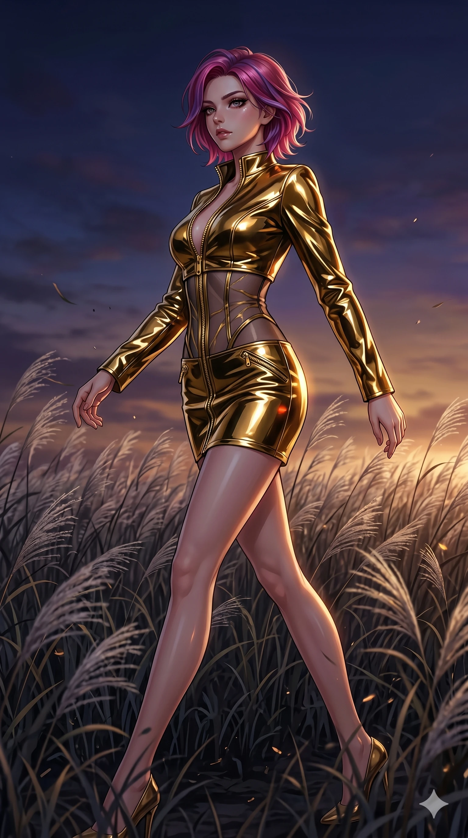 score_9, masterpiece, best quality, ultra-detailed, High-budget Anime Keyframe, East Asian woman. Dynamic full-body shot stretching the vertical silhouette to the limit. Scenario 278: Walking through a field of tall silver grass at twilight. Her presence is magnetic and overpowering in this high-budget anime scene. Outfit 278: A patent leather gold with a unzipped detail and translucent layers. The clothing is designed to emphasize her exceptionally tall and slender 8-heads proportion. 8-heads proportion, towering silhouette, ultra-slim waist. sharp v-shaped jawline, intricate jewel-like eyes with depth, thick eyelashes, glossy lips. 2k, ultra detail, master piece, 9:16 ratio