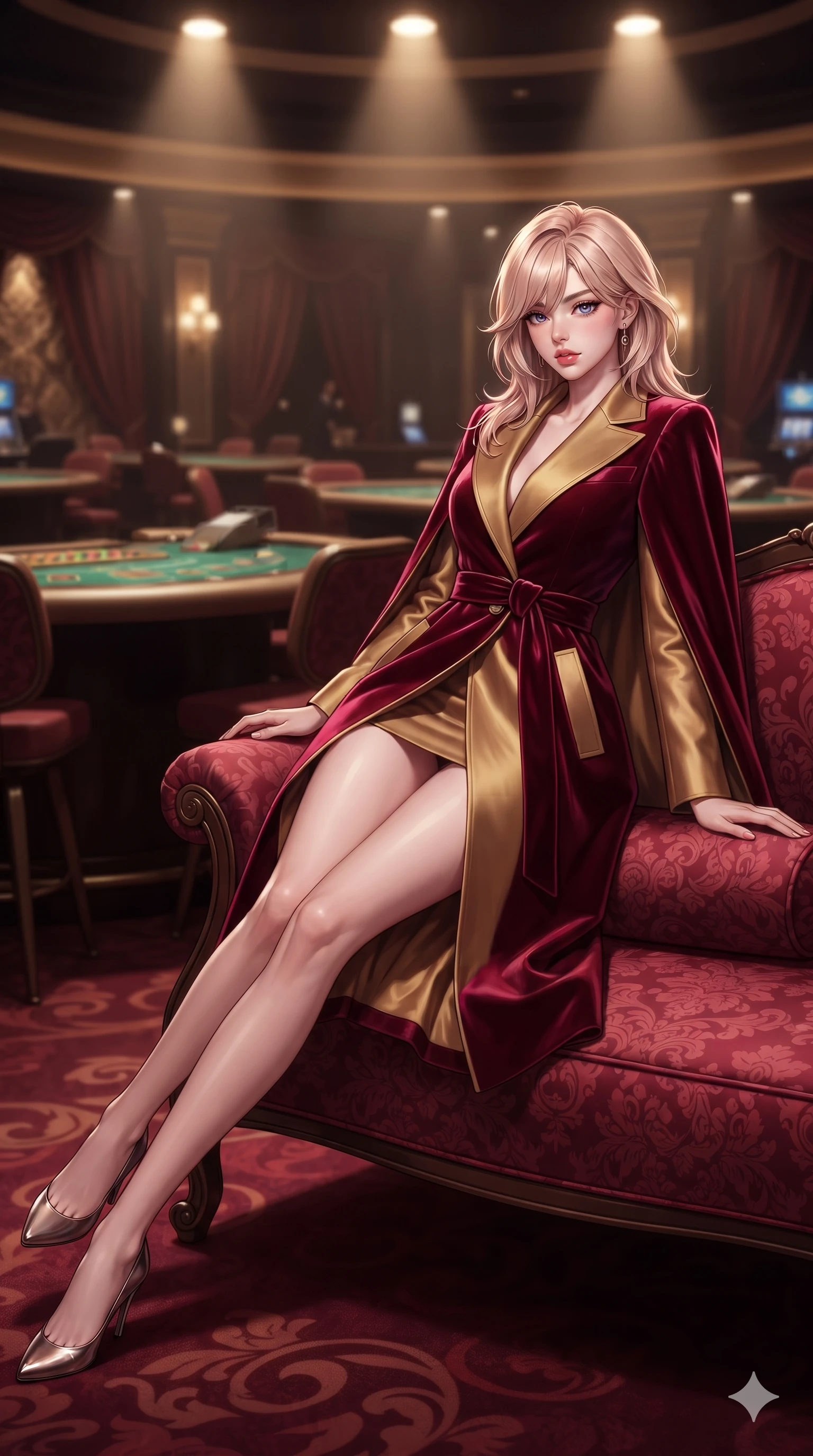 score_9, masterpiece, best quality, ultra-detailed, high-budget anime keyframe, editorial fashion photography, tasteful artistic composition, Japanese woman. low angle full-body shot from head to toe showing her feet, filling the entire 9:16 vertical frame with her statuesque presence, stretching her vertical silhouette. executing a slow, graceful pivot turn as her skirt sways around her slender legs, glancing back with an enchanting, teasing sensual expression while lounging gracefully across the crimson damask settee propped on one elbow with legs extended, displaying her long slender limbs and statuesque presence. The composition keeps background elements in soft focus with creamy bokeh: glamorous high-roller salon ambience softened in private VIP casino hall shallow focus. She has an exceptionally tall and slender model-like 8.5-heads proportion, an ultra-slim waist, a flat toned midriff, narrow delicate ribcage, and beautifully sculpted feminine hips creating a graceful, slim hourglass silhouette without any bulky heaviness, with impossibly long slender legs. sharp v-shaped jawline, high-bridge nose, intricate jewel-like eyes with depth, thick eyelashes, glossy parted lips with a natural sheen, intensely captivating and seductive bedroom-eyes expression, flawlessly proportioned anatomical accuracy, strict slender model proportions, natural body alignment, perfectly sculpted long slender limbs, ultra-slim waistline, clean dynamic posture without body distortion. wearing a tailored double-faced cashmere cape coat with structured lapels and a self-tying belt cinching her waist in royal crimson velvet and burnished gold, tailored from heavy Italian silk mikado with an architectural structured drape, finished with sleek magnetic buckle closures fluttering in the breeze, the bespoke structured tailoring following the natural line of her 8.5-heads silhouette with refined elegance. illuminated by focused warm overhead spotlights sculpting her sculpted clavicle, flat midriff, and rounded hips. ultra-reflective glossy finish, specular highlights, rich textural contrasts, high-contrast stereoscopic depth, volumetric dynamic lighting, 2k, ultra detail, master piece, 9:16 ratio