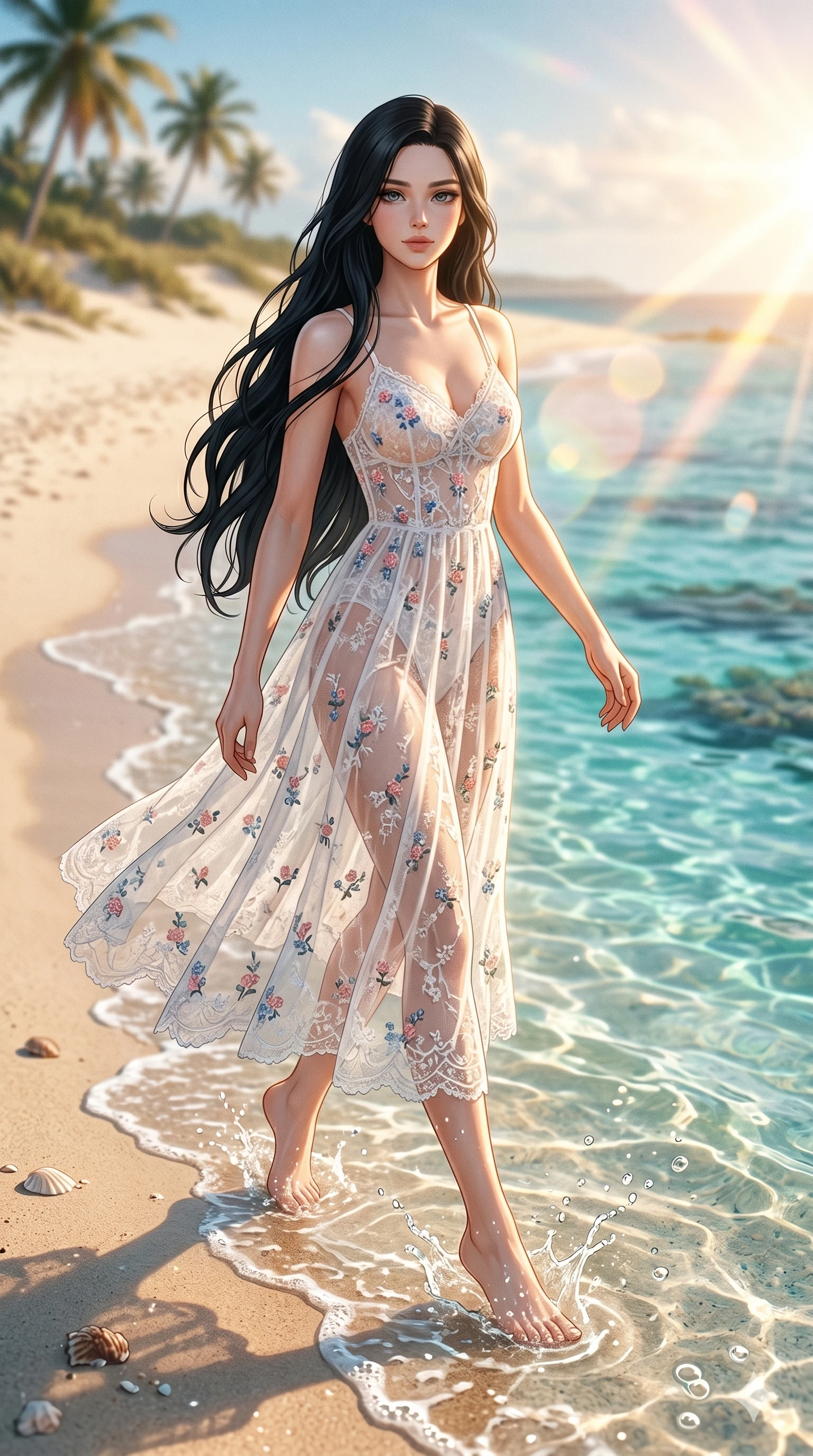 score_9, score_8_up, score_7_up, source_anime, masterpiece, best quality, ultra-detailed, same character with long black hair, wearing a sheer floral lace sundress, walking barefoot on a sun-drenched beach, crystal clear waves hitting her feet, lens flare, 2k, ultra detail, master piece, 9:16 ratio