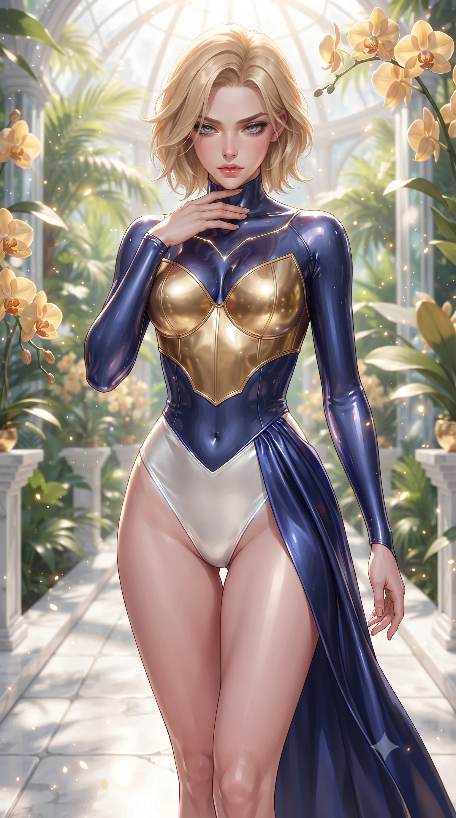 score_9, masterpiece, best quality, ultra-detailed, high-budget anime keyframe, editorial fashion photography, tasteful artistic composition, Caucasian woman. close-up cowboy shot from the waist and thighs up, the character dominates the composition, filling the frame with her large presence. resting her fingers lightly against her throat while looking down with a smoldering, haughty yet intensely captivating glance while walking gracefully along a sunlit white stone aisle in a grand crystal conservatory surrounded by golden orchids. The composition keeps background elements in soft focus with creamy bokeh. sun-drenched tropical foliage scattering radiant light motes across a soft background. She has an exceptionally elegant, slender, and willowy female figure with an ultra-slim waist, a gracefully sculpted slender torso, toned flat midriff, and a refined slim silhouette. sharp v-shaped jawline, high-bridge nose, intricate jewel-like eyes with depth, thick eyelashes, glossy lips with a natural sheen, flawlessly proportioned anatomical accuracy, strict slender model proportions, natural body alignment, perfectly sculpted long slender limbs, ultra-slim waistline, clean dynamic posture without body distortion. wearing a sculpted golden breastplate bodice paired with high-cut white satin briefs and a fluid draped side skirt in deep royal navy blue and specular chrome, crafted from ultra-reflective second-skin latex with a high-gloss glass-like polish, accented with glowing fiber-optic seams tracing her collarbones and hip curves, the glove-like aerodynamic second-skin fit tightly clinging to her ultra-slender waist and athletic curves without adding bulk, accentuating her razor-sharp statuesque lines and slim hourglass silhouette. surrounded by a bright, pristine, and captivatingly fresh botanical sanctuary atmosphere. ultra-reflective glossy finish, specular highlights, metallic sheen, high-contrast stereoscopic depth, volumetric dynamic lighting, 2k, ultra detail, master piece, 9:16 ratio
