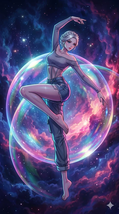 score_9, masterpiece, best quality, ultra-detailed, high-budget anime movie keyframe, cinematic anime lighting, intricate line art, Korean anime girl. Dynamic full-body shot stretching the vertical silhouette with extreme perspective. dancing on the 