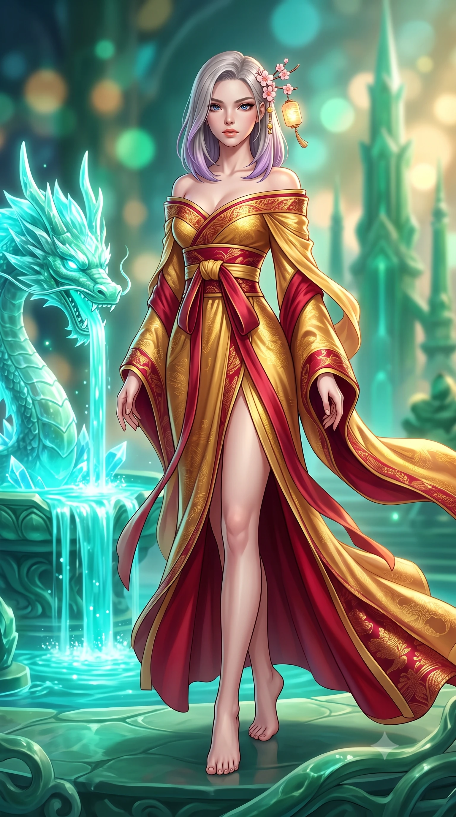 score_9, masterpiece, best quality, ultra-detailed, high-budget anime keyframe, semi-realistic 3D game render, editorial fashion photography, tasteful artistic composition, Caucasian woman. low angle full-body shot from head to toe showing her feet, filling the entire 9:16 vertical frame with her statuesque presence, stretching her vertical silhouette. landing lightly on the balls of her feet in a balanced kinetic stance, eyes locked onto the camera with fearless allure while standing poised on a sculpted jade terrace beside a glowing crystalline dragon spring where bioluminescent water cascades. The composition keeps background elements in soft focus with creamy bokeh. bioluminescent turquoise waterfalls and towering jade palace spires blurred into glowing emerald, teal, and gold bokeh. She has an absolutely perfect, statuesque 8.5-heads proportion, an exceptionally tall and slender model-like female figure with impossibly long slender legs, a toned flat midriff, and an ultra-slim waist. sharp v-shaped jawline, high-bridge nose, intricate jewel-like eyes with depth, thick eyelashes, glossy lips with a natural sheen, captivating and magnetic expression, flawlessly proportioned anatomical accuracy, strict slender model proportions, natural body alignment, perfectly sculpted long slender limbs, ultra-slim waistline, clean dynamic posture without body distortion. wearing an off-shoulder celestial kimono gown with fluttering silk drapes and a high side slit in imperial gold and deep crimson silk, woven from lightweight fluid silk brocade with woven gold thread, accessorized with delicate cherry blossom hairpins and glowing paper lantern charms, the form-contouring material adhering flawlessly to her sculpted flat midriff and slender torso, emphasizing her long leg lines and perfectly proportioned willowy build. surrounded by a royal, mythical, and deeply revered dragon palace guardian princess aura. highly saturated vibrant anime colors, detailed shading with soft gradients, rich glossy textures, high-contrast stereoscopic depth, volumetric dynamic lighting, master piece, 9:16 ratio