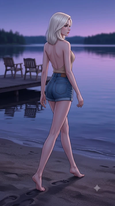 score_9, masterpiece, best quality, ultra-detailed, high-budget anime keyframe, editorial fashion photography, tasteful artistic composition, Caucasian woman woman. low angle full-body shot from head to toe showing her feet, filling the entire 9:16 v