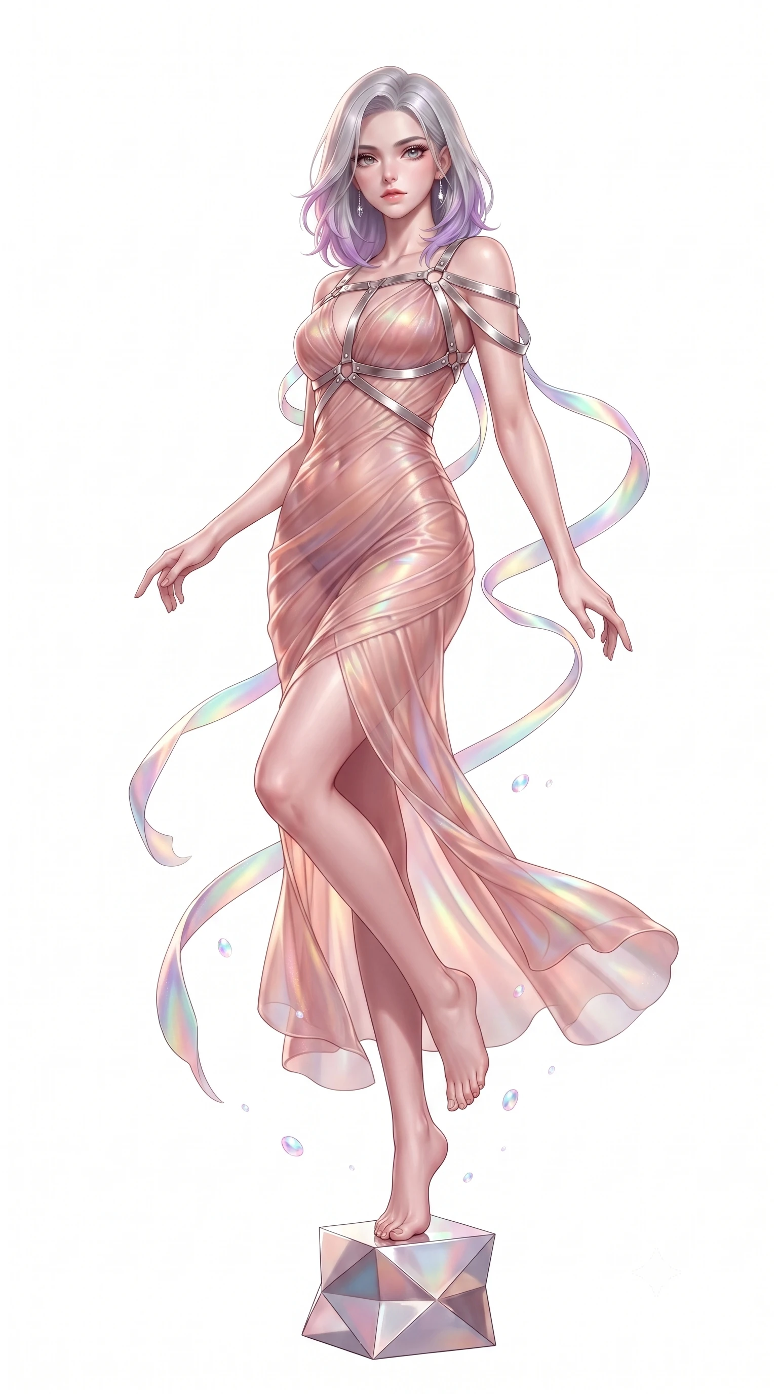 score_9, masterpiece, best quality, ultra-detailed, high-budget anime keyframe, editorial fashion photography, tasteful artistic composition, Caucasian woman. low angle full-body shot from head to toe showing her feet, filling the entire 9:16 vertical frame with her statuesque presence, stretching her vertical silhouette. interacting with floating opal particles, her long slender legs poised in motion, poised on a geometric pedestal as floating silk ribbons wrap around her silhouette, pure white void background providing absolute focus on character and outfit. She has an absolutely perfect, statuesque 8.5-heads proportion, an exceptionally tall and slender model-like female figure with impossibly long slender legs and an ultra-slim waist. sharp v-shaped jawline, high-bridge nose, intricate jewel-like eyes with depth, thick eyelashes, glossy lips with a natural sheen. wearing fitted opal-glazed silk maxi dress hugging every curve in rose-gold pink, made of sheer opal chiffon overlay, highlighted by a platinum metallic harness structure, accentuating her gracefully sculpted slender torso. illuminated by soft multi-color rainbow light refracting through opal silk. highly saturated vibrant anime colors, detailed shading with soft gradients, rich glossy textures, high-contrast stereoscopic depth, volumetric dynamic lighting, master piece, 9:16 ratio