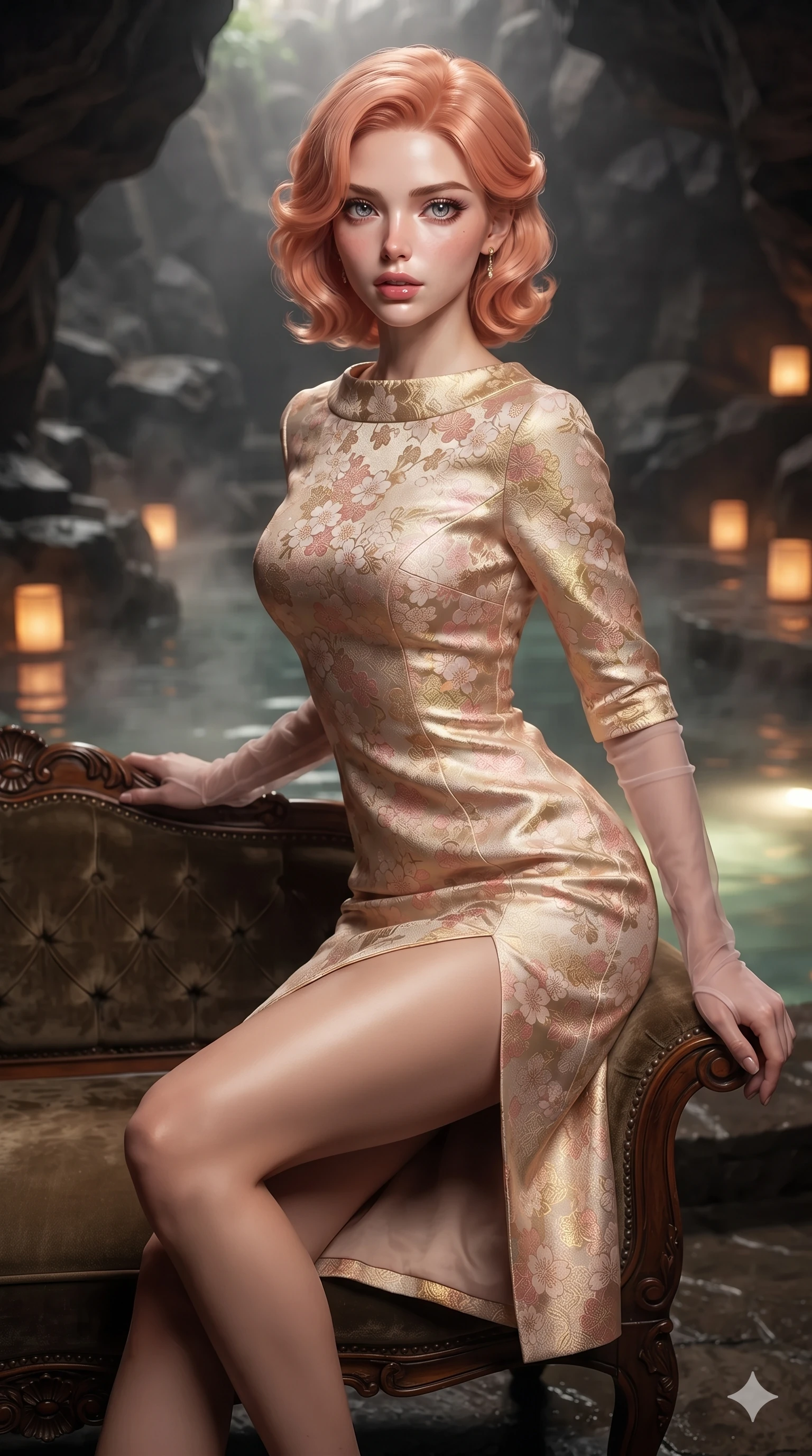 score_9, masterpiece, best quality, ultra-detailed, high-budget anime keyframe, editorial fashion photography, tasteful artistic composition, Japanese woman. close-up cowboy shot from the waist and thighs up, the character dominates the composition, filling the frame with her large presence. perched sideways on the vintage settee, one knee drawn up to showcase her slender leg line while her arched back accentuates her feminine hip curve while standing poised beside the steaming thermal plunge pool, arching her spine with ethereal siren poise as warm amber lantern light washes over her. The background shows a soft-focus subterranean spa humidity softened in basalt thermal grotto shallow focus. She has an exceptionally elegant, slender, and willowy female figure with an ultra-slim waist, flat toned midriff, narrow ribcage, and sculpted feminine hips creating an alluring, slim hourglass silhouette without bulk. sharp v-shaped jawline, high-bridge nose, intricate jewel-like sparkling eyes with depth, thick eyelashes, glossy parted lips with a natural sheen, intensely captivating and seductive bedroom-eyes expression, exuding both youthful cute charm and sovereign luxury allure, flawlessly proportioned anatomical accuracy, strict slender model proportions, natural body alignment, perfectly sculpted long slender limbs, ultra-slim waistline, clean dynamic posture without body distortion. wearing an aristocratic gold-leaf jacquard brocade shift dress with high boat neckline and elegant bracelet sleeves in sakura blossom pink and warm ivory, crafted from bespoke double-faced cashmere with an exceptionally soft tactile finish, complemented by sheer opera-length evening gloves tracing her slender arms, the bespoke structured tailoring following the natural line of her 8.5-heads silhouette with refined elegance. bathed in the rich, intimate 2400K golden radiance of floating washi paper lanterns and underwater pool glow. ultra-reflective glossy finish, specular highlights, rich textural contrasts, high-contrast stereoscopic depth, volumetric dynamic lighting, 2k, ultra detail, master piece, 9:16 ratio