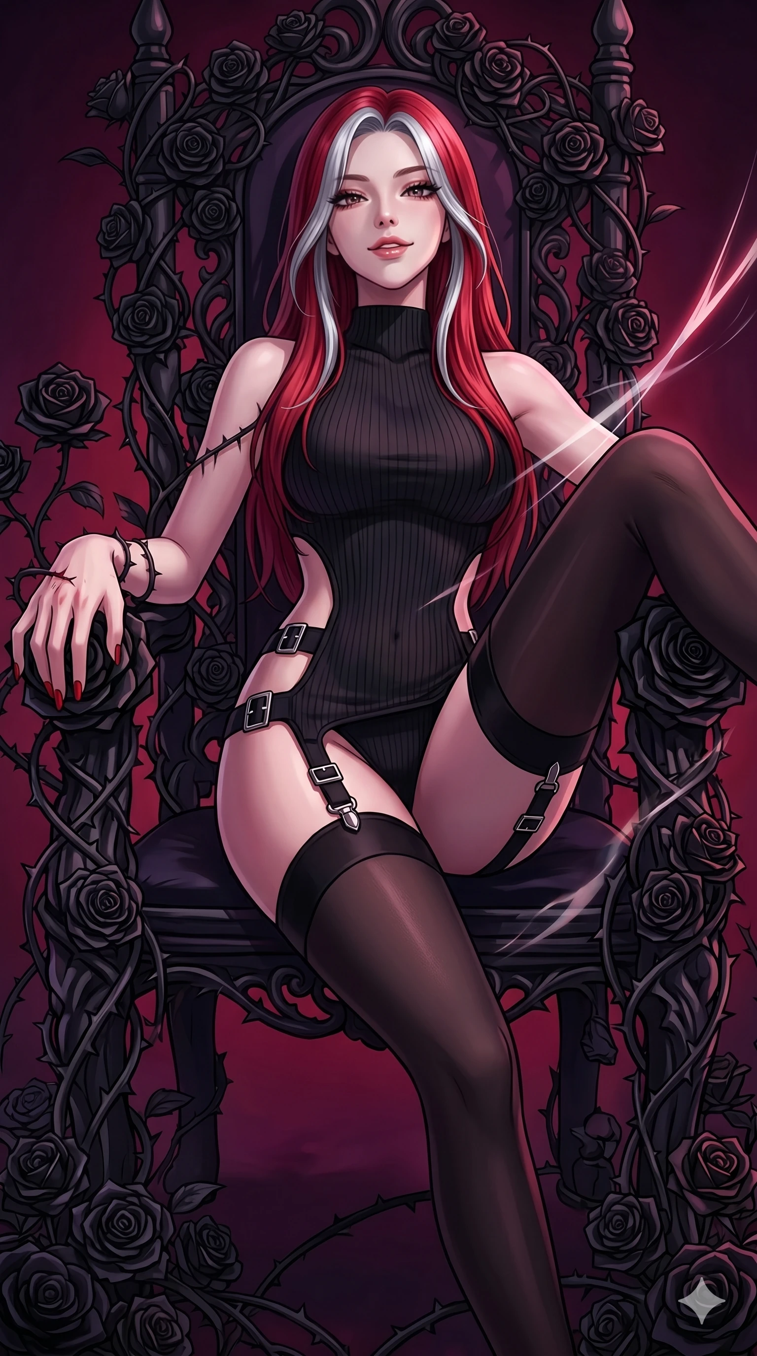 score_9, masterpiece, best quality, ultra-detailed, High-budget Anime Keyframe, East Asian woman. Dynamic full-body shot stretching the vertical silhouette to the limit. Scenario 50: Resting on a throne of black roses, thorns grazing her skin. Her presence is magnetic and overpowering in this high-budget anime scene. Outfit 50: A ribbed bodycon knit garter with a strategic side cut-outs and metallic buckles. The clothing is designed to emphasize her exceptionally tall and slender 8-heads proportion. 8-heads proportion, towering silhouette, ultra-slim waist. sharp v-shaped jawline, intricate jewel-like eyes with depth, thick eyelashes, glossy lips. 2k, ultra detail, master piece, 9:16 ratio