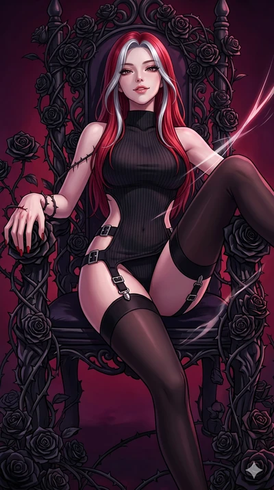 score_9, masterpiece, best quality, ultra-detailed, High-budget Anime Keyframe, East Asian woman. Dynamic full-body shot stretching the vertical silhouette to the limit. Scenario 50: Resting on a throne of black roses, thorns grazing her skin. Her pr