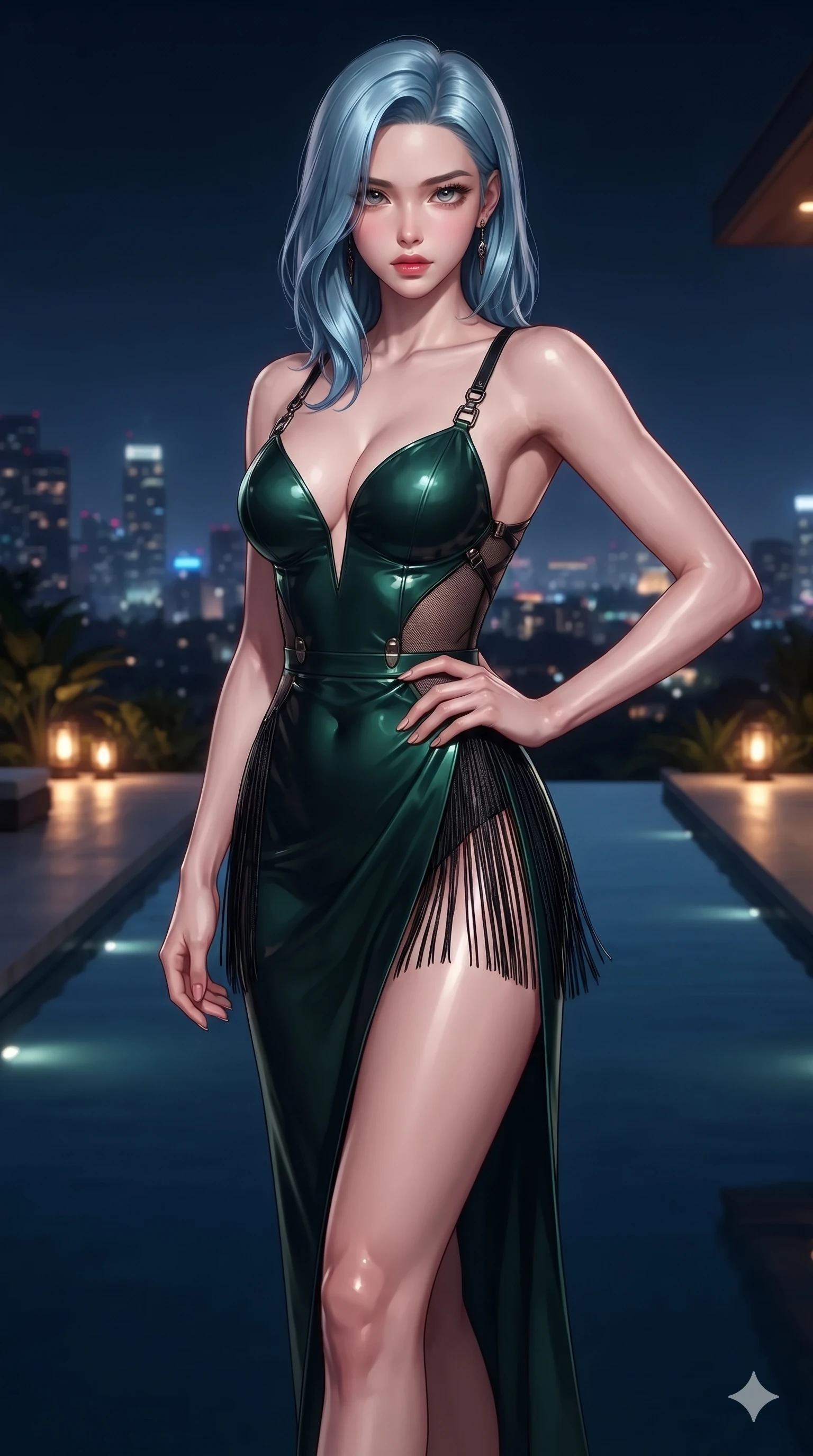 score_9, masterpiece, best quality, ultra-detailed, high-budget anime keyframe, editorial fashion photography, tasteful artistic composition, Korean woman. close-up cowboy shot from the waist and thighs up, the character dominates the composition, filling the frame with her large presence. holding a confident power pose with one hand on her hip, looking into the lens with smoldering intensity while walking slowly along the mirror-smooth pool perimeter with feline poise, her long slender legs and curvy hips commanding the midnight skyline. The surrounding environment is rendered in vivid detail and crisp panoramic clarity: detailed backless liquid vinyl slip dress cling, gunmetal harness clasps, and luxury minimalist terrace design in razor-sharp precision. She has an exceptionally elegant, slender, and willowy female figure with an ultra-slim waist, flat toned midriff, narrow ribcage, and sculpted feminine hips creating an alluring, slim hourglass silhouette without bulk. sharp v-shaped jawline, high-bridge nose, intricate jewel-like dark sparkling eyes with hypnotic seductive depth, thick curled eyelashes, glossy parted lips with a natural wine sheen, alluring bedroom-eyes with an enigmatic smoldering smile, exuding magnetic sovereign charisma and dark avant-garde glamour, flawlessly proportioned anatomical accuracy, strict slender model proportions, natural body alignment, perfectly sculpted long slender limbs, ultra-slim waistline, clean dynamic posture without body distortion. wearing an alluring plunging sweetheart bodice dress with sheer mesh side-waist cutouts contouring her ribs in dark emerald green and antique bronze, featuring fine criss-cross satin back lacing tracing her slender spine, finished with delicate jet-black micro-fringe fluttering softly along her hips with each step, the high-slit wrap tailoring accentuating her ultra-slim waistline and the enchanting curve of her feminine hips with alluring seductive charm. illuminated by low warm amber garden lights and distant city skyglow reflecting off still pool waters. ultra-reflective glossy finish, specular highlights, metallic sheen, high-contrast stereoscopic depth, volumetric dynamic lighting, 2k, ultra detail, master piece, 9:16 ratio