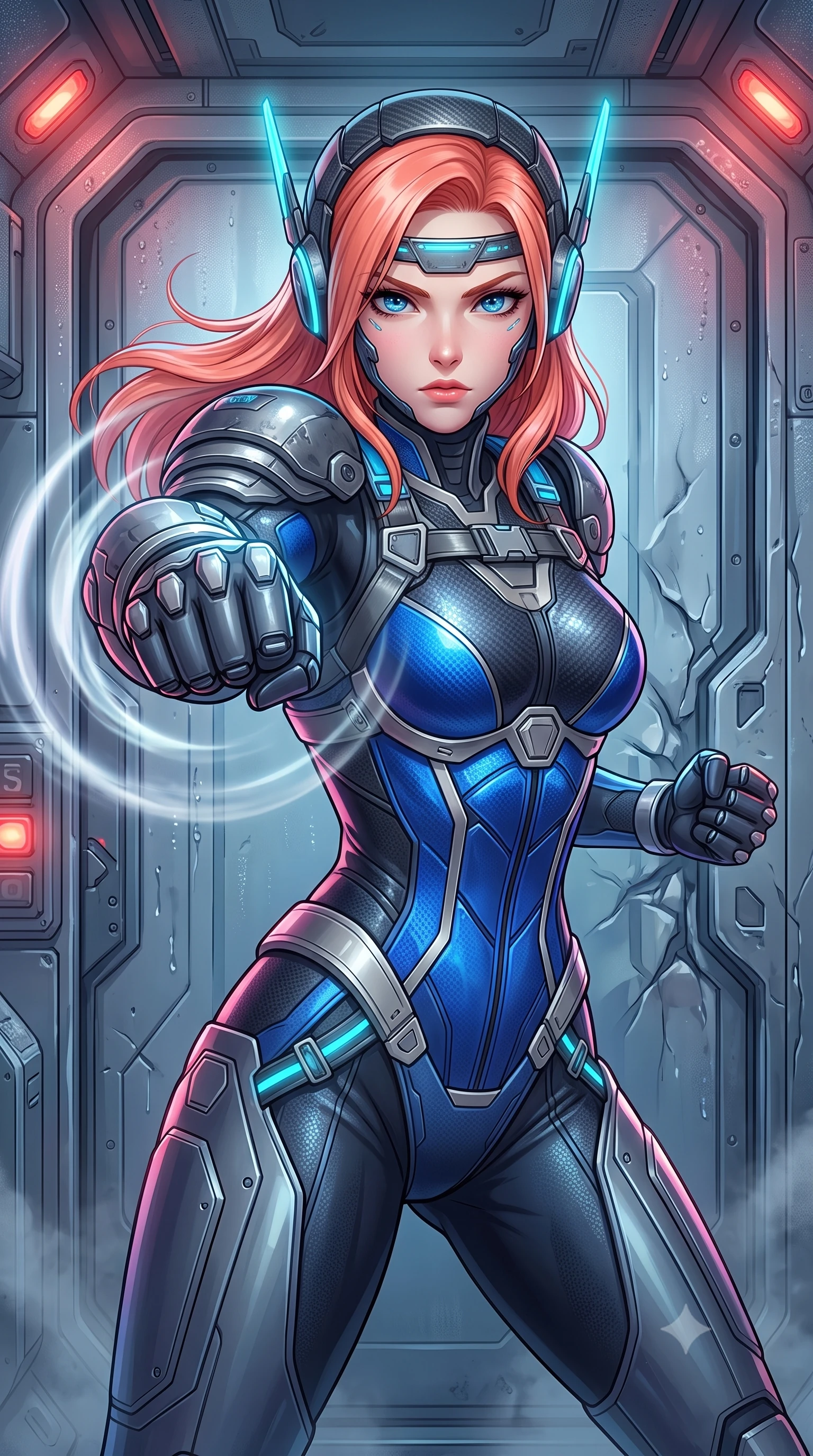 score_9, masterpiece, best quality, ultra-detailed, high-budget anime keyframe, semi-realistic 3D game render, editorial fashion photography, tasteful artistic composition, Japanese woman. close-up cowboy shot from the waist and thighs up, the character dominates the composition, filling the frame with her large presence. thrusting a high-speed kinetic punch toward the camera, a visible conical shockwave distortion wrapping around her armored forearm while arching her spine in a fluid combat stance with one fist planted on a dented bulkhead door, catching her breath with fierce pride. The surrounding environment is rendered in vivid detail and crisp panoramic clarity. intricate carbon-titanium armor hinges, steam condensation beads, and emergency siren LEDs in high clarity. She has an exceptionally elegant, slender, and willowy female figure with an ultra-slim waist, a gracefully sculpted slender torso, toned flat midriff, and a refined slim silhouette. sharp v-shaped jawline, high-bridge nose, intricate jewel-like eyes with depth, thick eyelashes, glossy lips with a natural sheen, fierce and resolute heroine expression, flawlessly proportioned anatomical accuracy, strict slender model proportions, natural body alignment, perfectly sculpted long slender limbs, ultra-slim waistline, clean dynamic posture without body distortion. wearing a lightweight carbon-fiber tactical sensory headpiece with glowing cyan ear-antennae and an ultra-thin forehead HUD brow-band, paired with a statuesque high-fashion cyber-warrior armor suit with platinum bevels, heavy articulated shoulder guards, and an ultra-slim waist-cinching corset in electric cobalt blue carbon with brushed platinum tactical trim, made of lightweight aerodynamic carbon-titanium alloy with precision-beveled armor seams, reinforced by a heavy-duty titanium tactical harness and glowing micro-energy status straps, the glove-like aerodynamic second-skin fit tightly clinging to her ultra-slender waist and athletic curves without adding bulk, accentuating her razor-sharp statuesque lines and slim hourglass silhouette. surrounded by an unstoppable, royal, and fiercely triumphant lone survivor empress aura. rich saturated anime colors with glowing neon highlights, detailed shading with soft gradients, rich glossy textures, high-contrast stereoscopic depth, volumetric dynamic lighting, master piece, 9:16 ratio