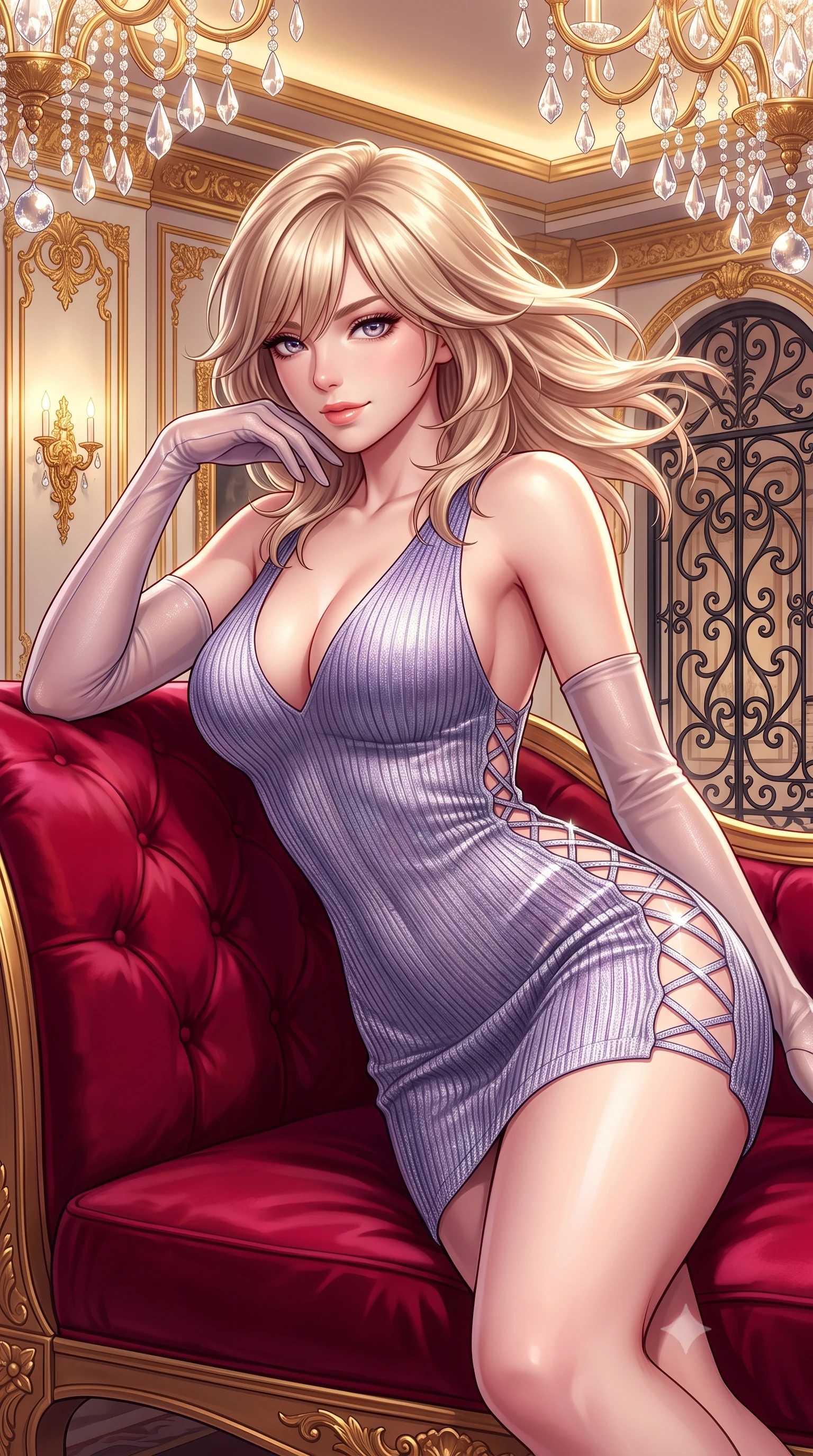 score_9, masterpiece, best quality, ultra-detailed, high-budget anime keyframe, semi-realistic 3D game render, editorial fashion photography, tasteful artistic composition, Japanese woman. close-up cowboy shot from the waist and thighs up, the character dominates the composition, filling the frame with her large presence. turning slowly with an enchanting smoldering smile, her glossy hair tossing in the breeze as her hips angle gracefully in a captivating contrapposto while lounging gracefully on the crimson velvet settee propped on one elbow, her statuesque 8.5-heads silhouette commanding the imperial palace. The surrounding environment is rendered in vivid detail and crisp panoramic clarity: sharp 24-karat gold leaf carvings on moldings, faceted crystal chandelier drops, and wrought-iron scrollwork in deep focus. She has an exceptionally elegant, slender, and willowy female figure with an ultra-slim waist, flat toned midriff, narrow ribcage, and sculpted feminine hips creating an alluring, slim hourglass silhouette without bulk. sharp v-shaped jawline, high-bridge nose, sparkling eyes with hypnotic seductive depth, thick curled eyelashes, glossy parted lips with a natural dewy peach sheen, alluring bedroom-eyes with an enchanting coquettish smile, exuding magnetic siren charisma and sophisticated glamour, flawlessly proportioned anatomical accuracy, strict slender model proportions, natural body alignment, perfectly sculpted long slender limbs, ultra-slim waistline, clean dynamic posture without body distortion. wearing a plunging V-neck fine rib-knit sweater dress with daring side-lace openings tracing her hip curve in dusk lavender and iridescent silver, woven from stretch metallic lurex jersey casting radiant starlight glints across her silhouette, complemented by sheer opera-length evening gloves tracing her slender arms, the liquid-tight tailored fabric clinging flawlessly to her narrow waist and rounded feminine hips, emphasizing every millimeter of her sculpted slim hourglass curves without any bulky heaviness. bathed in the dazzling multi-directional brilliance of thousands of crystal chandelier prisms combined with warm cove uplights. highly saturated vibrant anime colors, detailed shading with soft gradients, rich glossy textures, high-contrast stereoscopic depth, volumetric dynamic lighting, master piece, 9:16 ratio