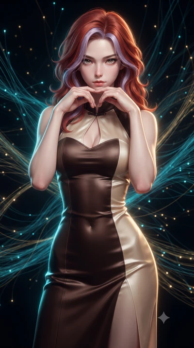 score_9, masterpiece, best quality, ultra-detailed, high-budget anime keyframe, editorial fashion photography, tasteful artistic composition, Caucasian woman. close-up cowboy shot from the waist and thighs up, the character dominates the composition,