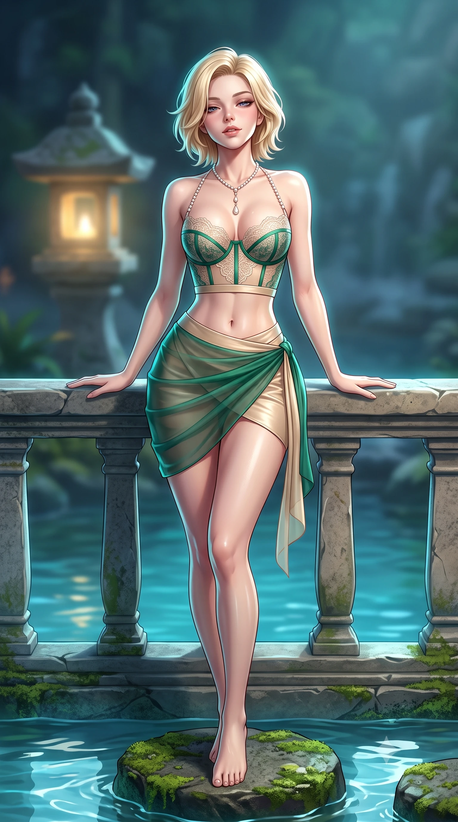 score_9, masterpiece, best quality, ultra-detailed, high-budget anime keyframe, semi-realistic 3D game render, editorial fashion photography, tasteful artistic composition, Caucasian woman. close-up cowboy shot from the waist and thighs up, the character dominates the composition, filling the frame with her large presence. leaning back against the balustrade with relaxed seductive grace, head tilted back slightly while casting a hypnotic, heavy-lidded gaze while standing poised on the mossy volcanic stepping stone in the natural spring lagoon, arching her back with hypnotic island siren allure. The background shows a soft-focus stone lantern glows softened in mystical Balinese sanctuary shallow focus. She has an exceptionally elegant, slender, and willowy female figure with an ultra-slim waist, flat toned midriff, narrow ribcage, and sculpted feminine hips creating an alluring, slim hourglass silhouette without bulk. sharp v-shaped jawline, high-bridge nose, sparkling eyes with hypnotic seductive depth, thick curled eyelashes, glossy parted lips with a natural dewy peach sheen, alluring bedroom-eyes with an enchanting coquettish smile, exuding magnetic siren charisma and sophisticated glamour, flawlessly proportioned anatomical accuracy, strict slender model proportions, natural body alignment, perfectly sculpted long slender limbs, ultra-slim waistline, clean dynamic posture without body distortion. wearing a delicate French lace underwire bustier paired with a draped sheer chiffon wrap mini skirt and gold hip brooch in Monaco casino emerald and royal champagne, woven from buttery-soft stretch lambskin leather adhering to her body like a second skin, accented with a pearl-drop body harness subtly framing her dewy collarbones and spine, the glove-like clinging cut tightly following the natural contour of her hips and long slender legs with youthful 8.5-heads elegance. illuminated by spring water specular reflections and sharp platinum-turquoise rim lights sculpting her jawline, flat midriff, and curvy hips. highly saturated vibrant anime colors, detailed shading with soft gradients, rich glossy textures, high-contrast stereoscopic depth, volumetric dynamic lighting, master piece, 9:16 ratio
