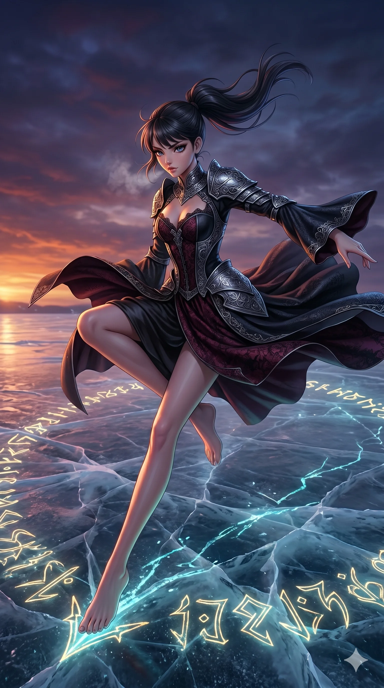 score_9, masterpiece, best quality, ultra-detailed, semi-realistic 3D game render, high-fidelity textures, Unreal Engine 5 style, Korean woman. Dynamic full-body shot stretching the vertical silhouette with extreme perspective. gliding across a frozen lake while drawing runes on the ice. She has an absolutely perfect 8-heads proportion, an exceptionally tall and slender female figure with graceful and slender proportions. strictly human anatomy, two legs only, no extra limbs, clearly defined legs and arms, perfect anatomy, perfect hands and fingers. sharp v-shaped jawline, high-bridge nose, intricate jewel-like eyes, thick eyelashes, glossy lips. Wearing Dark Fantasy: Gothic lace corset gown, bell-sleeved sorceress robes, and engraved silver plate armor over silk. The scene is illuminated by dramatic atmospheric lighting and vibrant color palettes. , 2k, ultra detail, master piece, 9:16 ratio