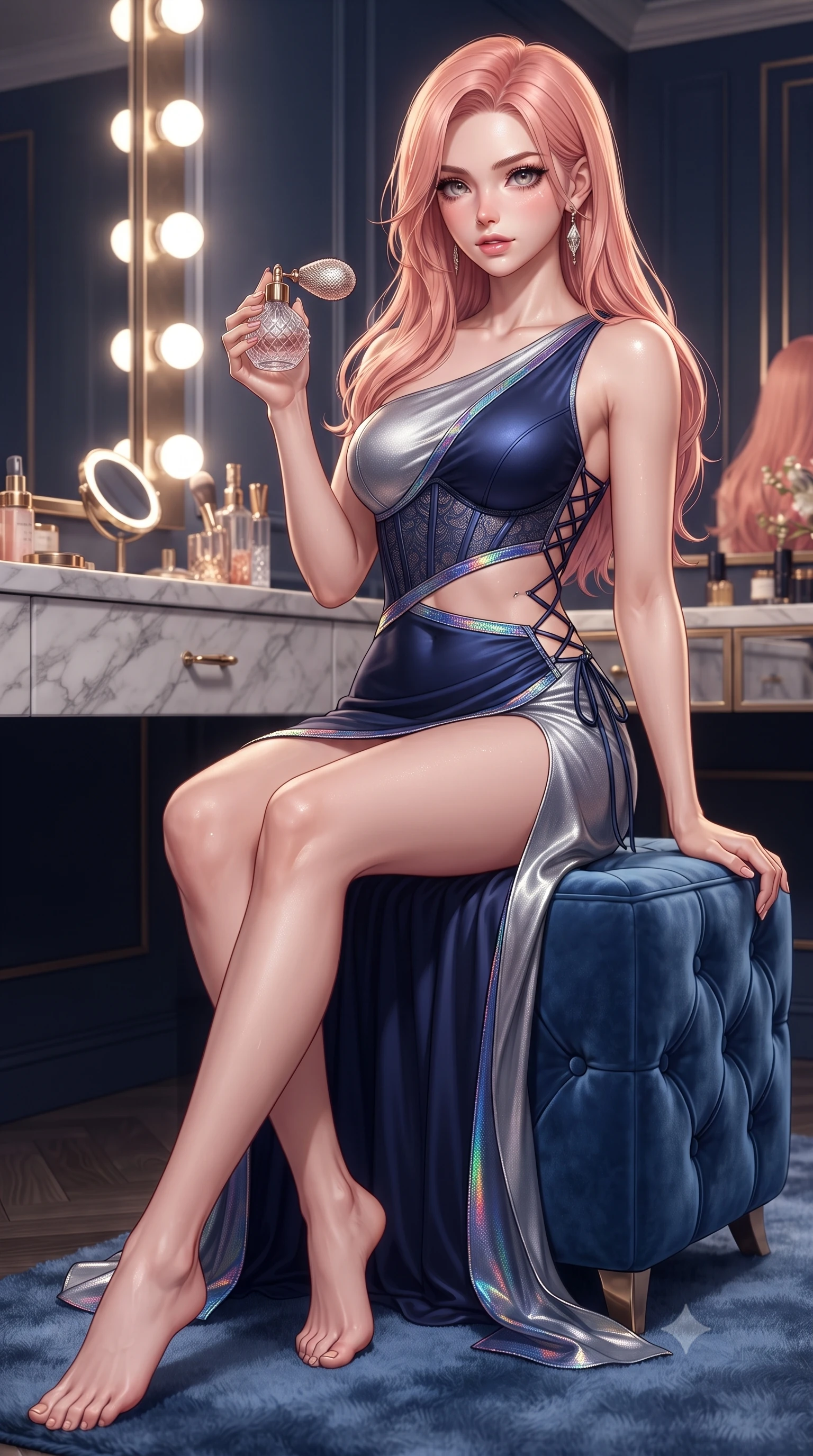 score_9, masterpiece, best quality, ultra-detailed, high-budget anime keyframe, editorial fashion photography, tasteful artistic composition, Japanese woman. low angle full-body shot from head to toe showing her feet, filling the entire 9:16 vertical frame with her statuesque presence, stretching her vertical silhouette. lounging on the lavish daybed with legs crossed and hips angled toward the camera, displaying her toned midriff and long slender limbs with effortless siren poise while sitting perched on the plush velvet stool with legs crossed, holding a spray bottle of perfume while casting an intoxicating bedroom-gaze. The surrounding environment is rendered in vivid detail and crisp panoramic clarity: detailed lace corset bodice stitching, dewy skin highlights, and bespoke dressing room furniture in razor-sharp resolution. She has an absolutely perfect, statuesque 8.5-heads proportion, an exceptionally tall and slender model-like female figure with impossibly long slender legs, an ultra-slim waist, a flat toned midriff, narrow delicate ribcage, and beautifully sculpted feminine hips creating a graceful, slim hourglass silhouette without any bulky heaviness. sharp v-shaped jawline, high-bridge nose, sparkling eyes with hypnotic seductive depth, thick curled eyelashes, glossy parted lips with a natural dewy peach sheen, alluring bedroom-eyes with an enchanting coquettish smile, exuding magnetic siren charisma and sophisticated glamour, flawlessly proportioned anatomical accuracy, strict slender model proportions, natural body alignment, perfectly sculpted long slender limbs, ultra-slim waistline, clean dynamic posture without body distortion. wearing an asymmetric one-shoulder liquid jersey dancer gown with dramatic hip-high slit and waist cutout in deep sapphire navy and metallic silver with holographic trims, woven from buttery-soft stretch lambskin leather adhering to her body like a second skin, finished with fine criss-cross lace-up side ties revealing tantalizing glimpses of her hip curve, the second-skin tailored fabric adhering flawlessly to her sculpted flat midriff and slender torso, emphasizing her long leg lines and perfectly proportioned willowy build. illuminated by marble vanity bounce and sharp platinum-gold rim lights sculpting her jawline, ultra-slim waist, and curvy hips. ultra-reflective glossy finish, specular highlights, rich textural contrasts, high-contrast stereoscopic depth, volumetric dynamic lighting, 2k, ultra detail, master piece, 9:16 ratio