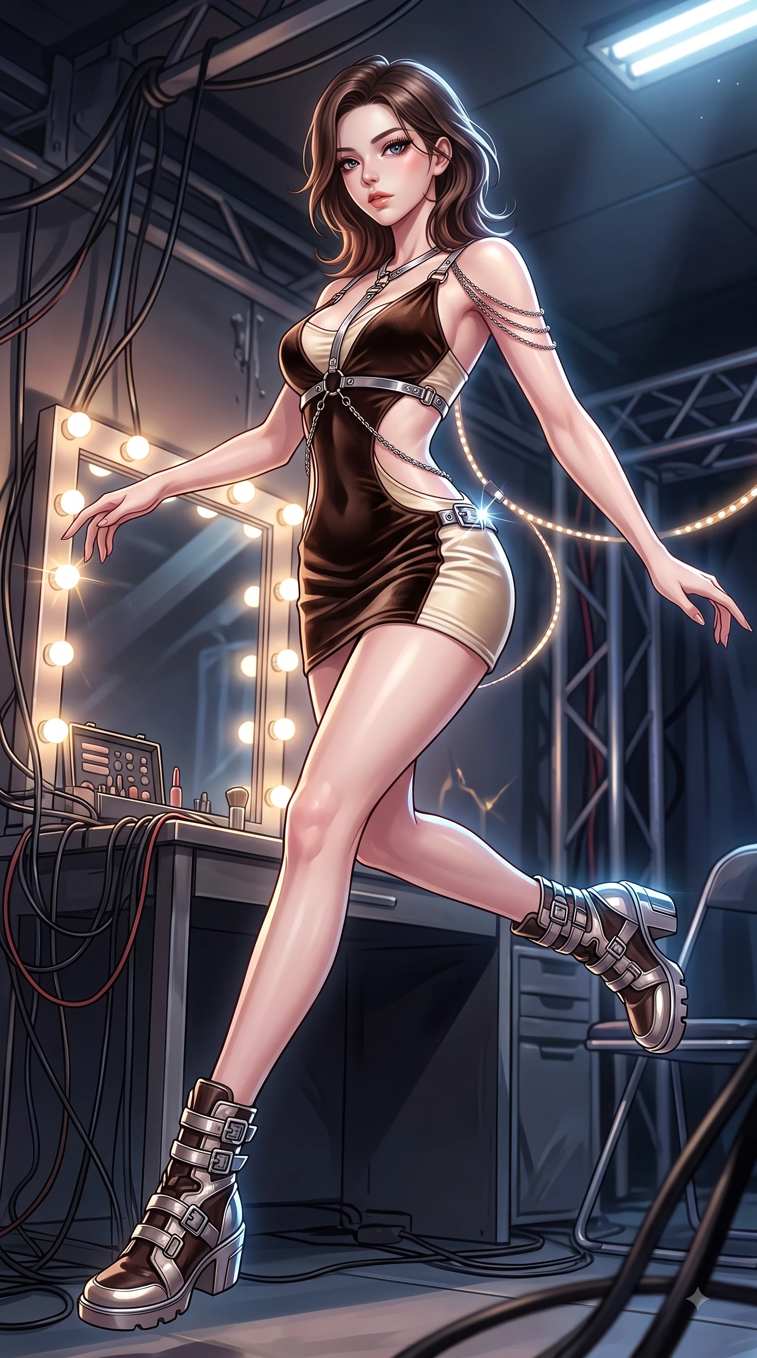 score_9, masterpiece, best quality, ultra-detailed, high-budget anime keyframe, editorial fashion photography, tasteful artistic composition, Korean woman. low angle full-body shot from head to toe showing her feet, filling the entire 9:16 vertical frame with her statuesque presence, stretching her vertical silhouette. leaping gracefully through mid-air with statuesque elegance, her impossibly long slender legs stretched in perfect balance while resting near a glowing vanity mirror backstage as stage lights trace her contoured waist, metallic harness accents and chrome buckles catching sharp specular sunbursts. She has an absolutely perfect, statuesque 8.5-heads proportion, an exceptionally tall and slender model-like female figure with impossibly long slender legs and an ultra-slim waist. sharp v-shaped jawline, high-bridge nose, intricate jewel-like eyes with depth, thick eyelashes, glossy lips with a natural sheen, flawlessly proportioned anatomical accuracy, natural body alignment, perfectly sculpted elegant limbs, clean dynamic posture without body distortion. wearing a dramatic open-waist cutout mini dress framed by sculptural hardware in espresso brown and warm cream, made of premium stretch velvet with a rich sheen, adorned with delicate metallic chain straps along the neckline, the glove-like fit emphasizing her statuesque silhouette during motion. surrounded by an electric, high-energy performer aura with sharp shadows. highly saturated vibrant anime colors, detailed shading with soft gradients, rich glossy textures, high-contrast stereoscopic depth, volumetric dynamic lighting, master piece, 9:16 ratio