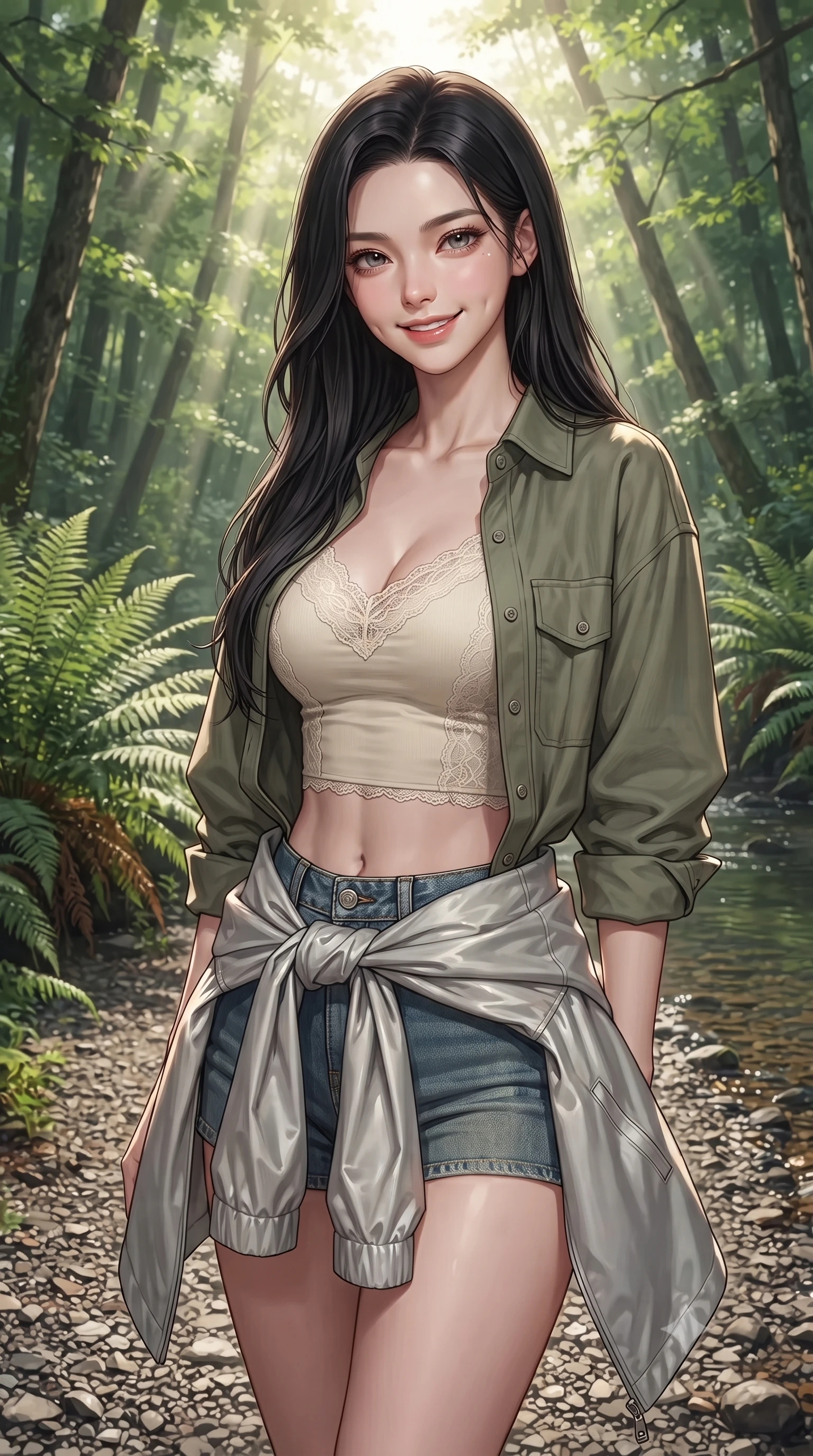 score_9, masterpiece, best quality, ultra-detailed, high-budget anime keyframe, editorial fashion photography, tasteful artistic composition, Korean woman. close-up cowboy shot from the waist and thighs up, the character dominates the composition, filling the frame with her large presence, background elements kept in soft focus. smiling with soft, captivating dimples, casting a warm yet magnetic gaze directly into the lens set against a soft-focus background of on a gravel bank of a forest stream surrounded by tall ferns and trees carrying a light windbreaker jacket tied around her waist. She has an exceptionally elegant, slender, and willowy female figure with an ultra-slim waist, a gracefully sculpted slender torso, and a refined silhouette. sharp v-shaped jawline, high-bridge nose, intricate jewel-like eyes with depth, thick eyelashes, glossy lips with a natural sheen. wearing slim-fit delicate lace-accented crop top under an open utility shirt, paired with micro-shorts. dappled sunbeams filtering through the dense green forest canopy. ultra-reflective glossy finish, specular highlights, metallic sheen, high-contrast stereoscopic depth, volumetric dynamic lighting, 2k, ultra detail, master piece, 9:16 ratio