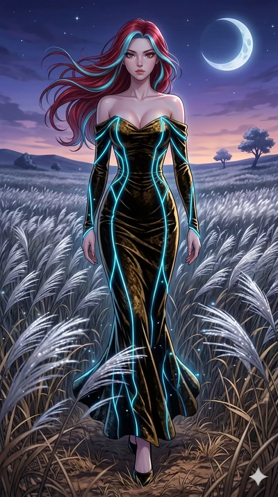 score_9, masterpiece, best quality, ultra-detailed, High-budget Anime Keyframe, East Asian woman. Dynamic full-body shot stretching the vertical silhouette to the limit. Scenario 268: Walking through a field of tall silver grass at twilight. Her pres
