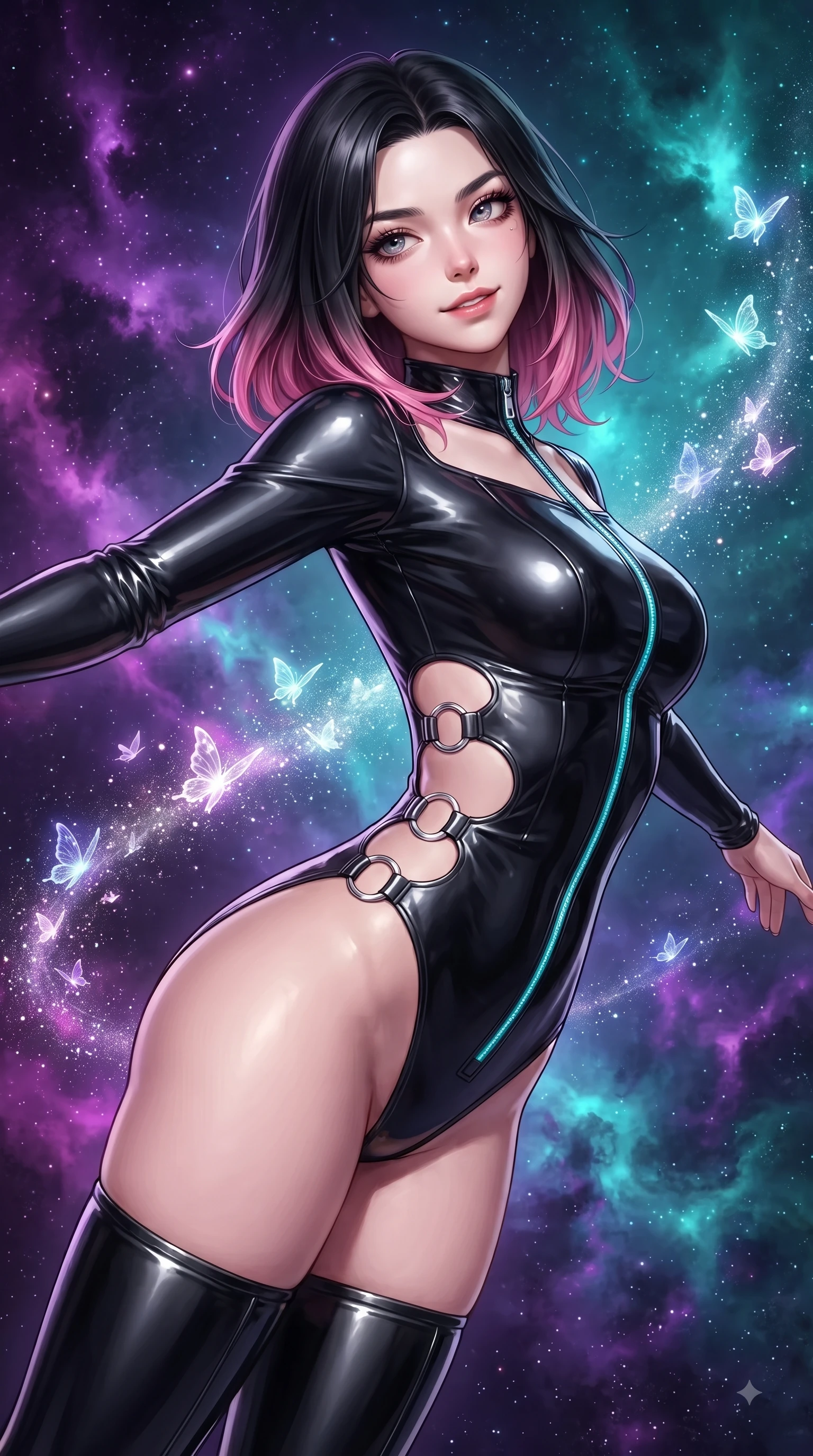 score_9, masterpiece, best quality, ultra-detailed, high-budget anime keyframe, editorial fashion photography, tasteful artistic composition, Korean woman. close-up cowboy shot from the waist and thighs up, the character dominates the composition, filling the frame with her large presence. stretching forward with an alluring arch of her spine, glancing over her shoulder with thick eyelashes and a smoldering half-smile while spreading her arms in a graceful zero-gravity flight pose as stardust and digital butterflies trail behind. The surrounding environment is rendered in vivid detail and crisp panoramic clarity. rich purple and turquoise cosmic gas textures rendered with environmental clarity. She has an exceptionally elegant, slender, and willowy female figure with an ultra-slim waist, a gracefully sculpted slender torso, and a refined silhouette. sharp v-shaped jawline, high-bridge nose, intricate jewel-like eyes with depth, thick eyelashes, glossy lips with a natural sheen, flawlessly proportioned anatomical accuracy, natural body alignment, perfectly sculpted elegant limbs, clean dynamic posture without body distortion. wearing a glossy black second-skin latex bodysuit with high-thigh cuts, exposed clavicle neckline, and gleaming zipper details in liquid mercury silver and glowing electric cyan, made of liquid metal jersey that clings flawlessly to every contour of her build, detailed with polished silver rings connecting the daring side-waist cutouts, the sleek aerodynamic cut emphasizing her magnetic presence and alluring physical grace. illuminated by sharp white front key lights and glowing cosmic rim highlights. ultra-reflective glossy finish, specular highlights, metallic sheen, high-contrast stereoscopic depth, volumetric dynamic lighting, 2k, ultra detail, master piece, 9:16 ratio