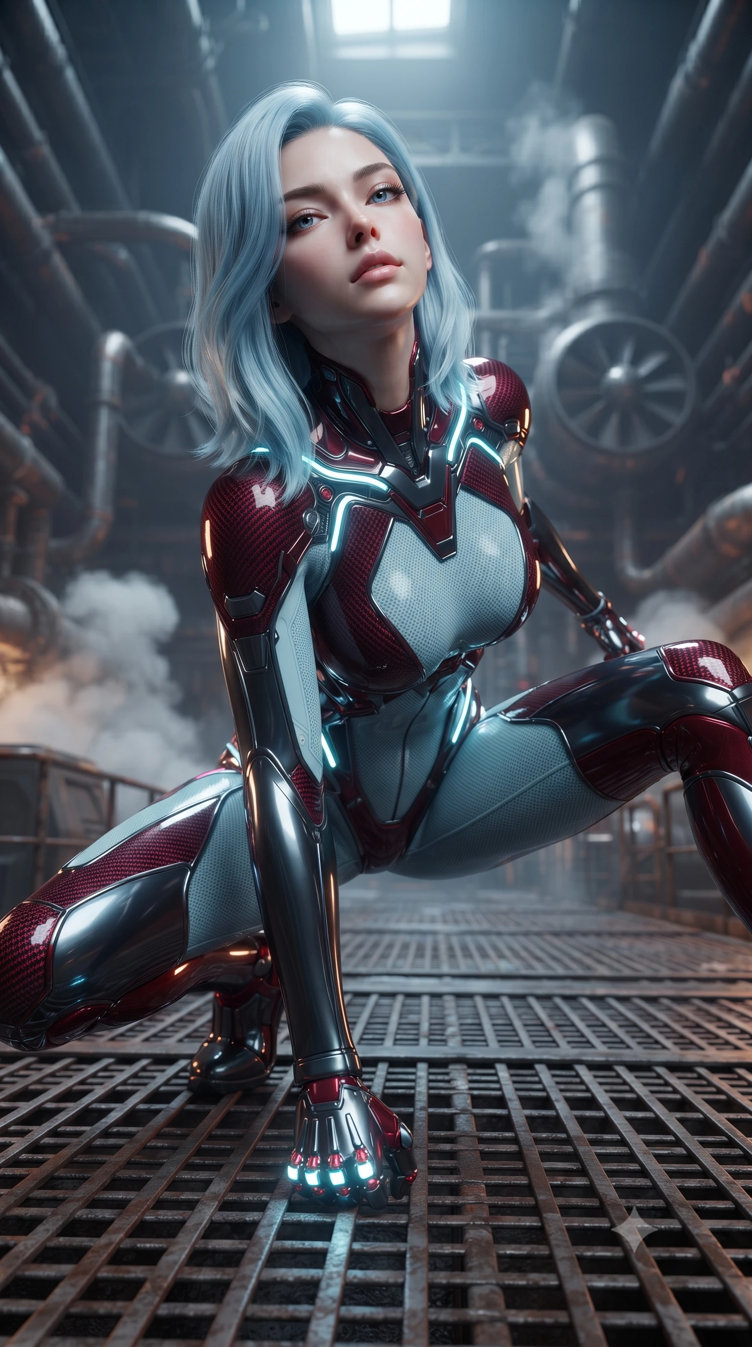 score_9, masterpiece, best quality, ultra-detailed, high-budget anime keyframe, editorial fashion photography, tasteful artistic composition, Korean woman. close-up cowboy shot from the waist and thighs up, the character dominates the composition, filling the frame with her large presence. tilting her head back with serene warrior composure, her sharp jawline and sculpted collarbones highlighted by glowing neon kinetic knuckles while landing in a low crouched stance with one fist planted on the metal grating, looking up with a dangerous, alluring smolder. The composition keeps background elements in soft focus with creamy bokeh. massive industrial reactor pipes and steam exhaust turbines softened in atmospheric shallow focus. She has an exceptionally elegant, slender, and willowy female figure with an ultra-slim waist, a gracefully sculpted slender torso, toned flat midriff, and a refined slim silhouette. sharp v-shaped jawline, high-bridge nose, intricate jewel-like eyes with depth, thick eyelashes, glossy lips with a natural sheen, flawlessly proportioned anatomical accuracy, strict slender model proportions, natural body alignment, perfectly sculpted long slender limbs, ultra-slim waistline, clean dynamic posture without body distortion. wearing an ultra-sleek glacial-cyan and white carbon-mesh combat bodysuit with frost-resistant kinetic shock-absorber plating in deep crimson carbon weave with specular dark chrome accents, formed from high-gloss patent carbon-plating with specular chiaroscuro reflections, accented with glowing fiber-optic conduits tracing her collarbones and hip curves, the glove-like aerodynamic second-skin fit tightly clinging to her ultra-slender waist and athletic curves without adding bulk, accentuating her razor-sharp statuesque lines and slim hourglass silhouette. illuminated by crisp specular highlights tracing her ultra-slim waist, long legs, and flat midriff. ultra-reflective glossy finish, specular highlights, dark metallic sheen, high-contrast stereoscopic depth, volumetric dynamic lighting, 2k, ultra detail, master piece, 9:16 ratio