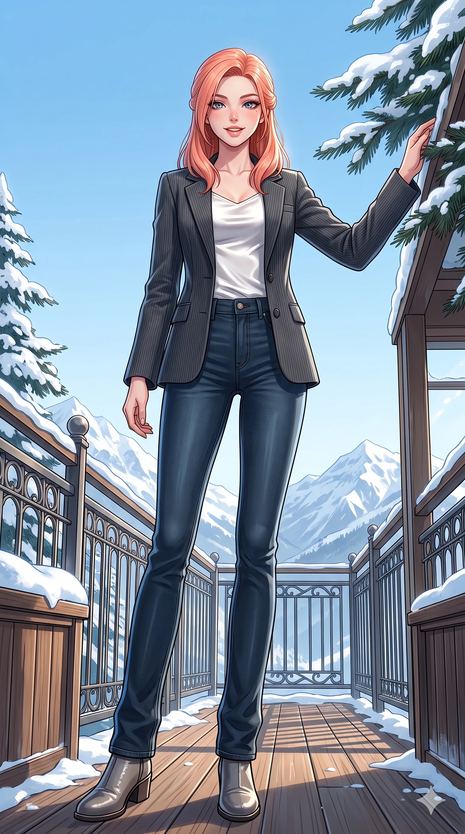 score_9, masterpiece, best quality, ultra-detailed, high-budget anime keyframe, vibrant anime aesthetic, Japanese woman. low angle full-body shot from head to toe showing her feet, filling the entire 9:16 vertical frame with her statuesque presence, stretching her vertical silhouette. She is posing with a playful, lively grin, leaning one hand against a snow pine on an open-air luxury train observation deck under a clear winter sky (Code-P21-032). She has an absolutely perfect 8-heads proportion, an exceptionally tall and slender female figure with impossibly long slender legs and an ultra-slim waist. V-shaped jawline, high-bridge nose, intricate jewel-like eyes with depth, thick eyelashes, glossy lips with a natural sheen. wearing a tailored corduroy blazer over a satin top and jeans in winter. She is cool, bright winter sky reflections from all sides, outlining her tall slender figure. 2k, ultra detail, master piece, 9:16 ratio