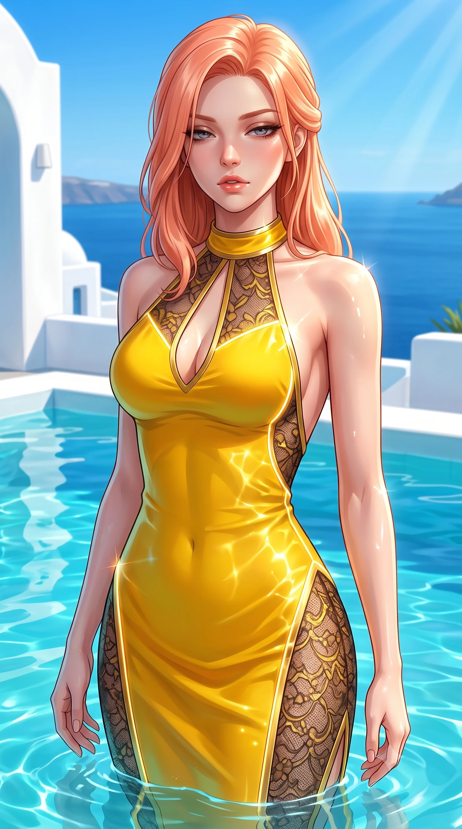 score_9, masterpiece, best quality, ultra-detailed, high-budget anime keyframe, semi-realistic 3D game render, editorial fashion photography, tasteful artistic composition, Japanese woman. close-up cowboy shot from the waist and thighs up, the character dominates the composition, filling the frame with her large presence. casting a slow, smoldering gaze beneath heavy lashes with parted glossy lips, her head slightly tilted in captivating self-assurance while standing waist-deep in crystal-clear turquoise pool water as radiant midday sunbeams cast dancing caustic reflections across her torso. The surrounding environment is rendered in vivid detail and crisp panoramic clarity. crisp white Greek caldera architecture, turquoise water caustics, and endless azure sea horizon in deep focus. She has an exceptionally elegant, slender, and willowy female figure with an ultra-slim waist, a gracefully sculpted slender torso, toned flat midriff, and a refined slim silhouette. sharp v-shaped jawline, high-bridge nose, intricate jewel-like eyes with depth, thick eyelashes, glossy lips with a natural sheen, flawlessly proportioned anatomical accuracy, strict slender model proportions, natural body alignment, perfectly sculpted long slender limbs, ultra-slim waistline, clean dynamic posture without body distortion. wearing a velvet halter-neck midi dress fitting her statuesque contour flawlessly with a Tasteful chest slit and open spine in vibrant sunburst canary yellow and gold trim, crafted from delicate dark lace interwoven with luminescent micro-fibers, accented with glowing fiber-optic seams tracing her collarbones and hip curves, the glove-like aerodynamic second-skin fit tightly clinging to her ultra-slender waist and athletic curves without adding bulk, accentuating her razor-sharp statuesque lines and slim hourglass silhouette. illuminated by clear sky fill light and sparkling specular highlights tracing her slender curves. highly saturated vibrant anime colors, detailed shading with soft gradients, rich glossy textures, high-contrast stereoscopic depth, volumetric dynamic lighting, master piece, 9:16 ratio