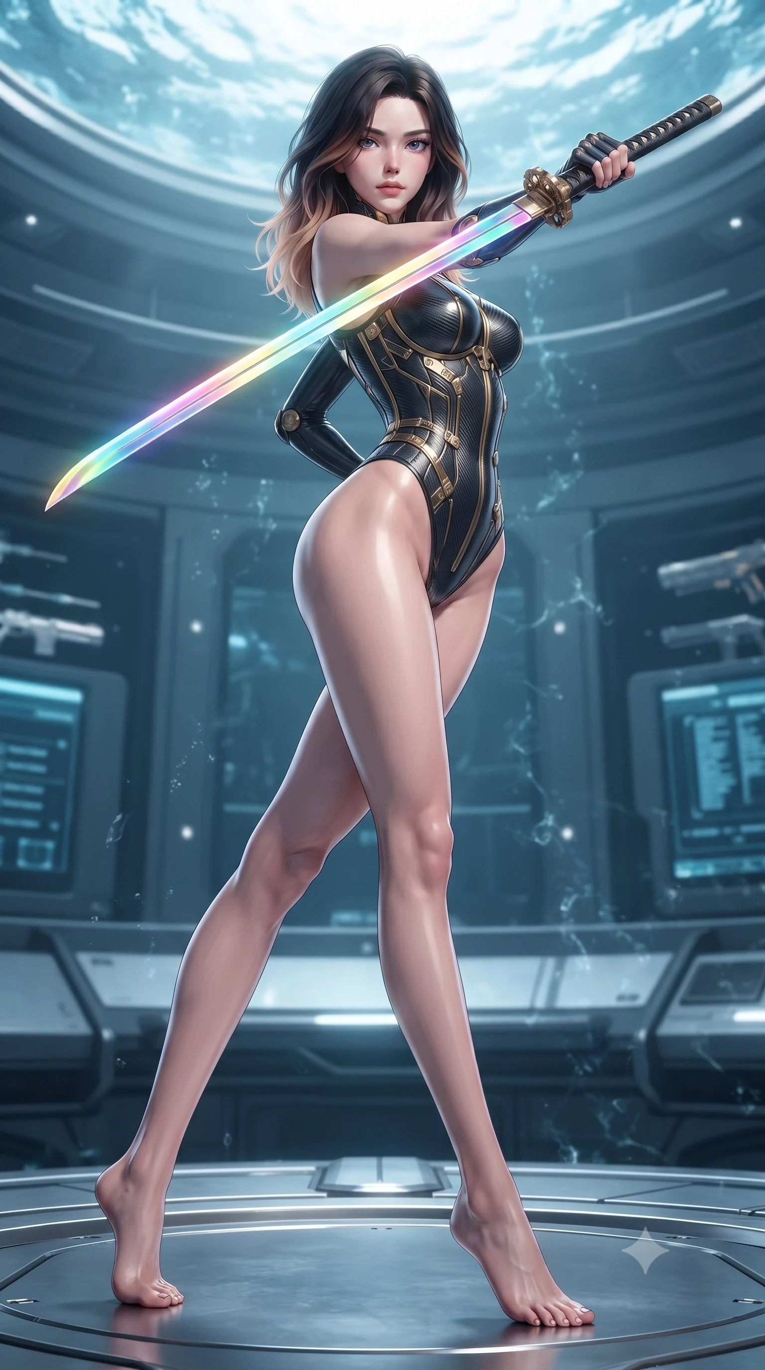 score_9, masterpiece, best quality, ultra-detailed, high-budget anime keyframe, editorial fashion photography, tasteful artistic composition, Korean woman. low angle full-body shot from head to toe showing her feet, filling the entire 9:16 vertical frame with her statuesque presence, stretching her vertical silhouette. pivoting dynamically in mid-motion with a breathtakingly alluring posture, displaying her flawless model proportions, toned flat midriff, and ultra-slim waist while pivoting dynamically as water caustics from the surrounding ocean dome dance across her form-contouring carbon battle-suit. The surrounding environment is rendered in vivid detail and crisp panoramic clarity. sharp chrome pistol slide details, laser targeting beam emitter points, and server glass reflections in deep focus. She has an absolutely perfect, statuesque 8.5-heads proportion, an exceptionally tall and slender model-like female figure with impossibly long slender legs, a toned flat midriff, and an ultra-slim waist. sharp v-shaped jawline, high-bridge nose, intricate jewel-like eyes with depth, thick eyelashes, glossy lips with a natural sheen, flawlessly proportioned anatomical accuracy, strict slender model proportions, natural body alignment, perfectly sculpted long slender limbs, ultra-slim waistline, clean dynamic posture without body distortion. wearing a precision-tailored high-fashion carbon-fiber corset bodysuit with gold mechanical rib boning, wielding a glowing energy katana with royal elegance in high-gloss iridescent rainbow carbon with prism holographic sheen, tailored from flexible second-skin carbon-mesh that clings flawlessly to her athletic curves, finished with high-mobility articulation joints and miniature magnetic armor locks, the sleek second-skin cut tightly hugging her graceful clavicle, narrow waist, and feminine curves with athletic precision. illuminated by crisp white key light and sharp specular highlights tracing her slender curves. ultra-reflective glossy finish, specular highlights, dark metallic sheen, high-contrast stereoscopic depth, volumetric dynamic lighting, 2k, ultra detail, master piece, 9:16 ratio