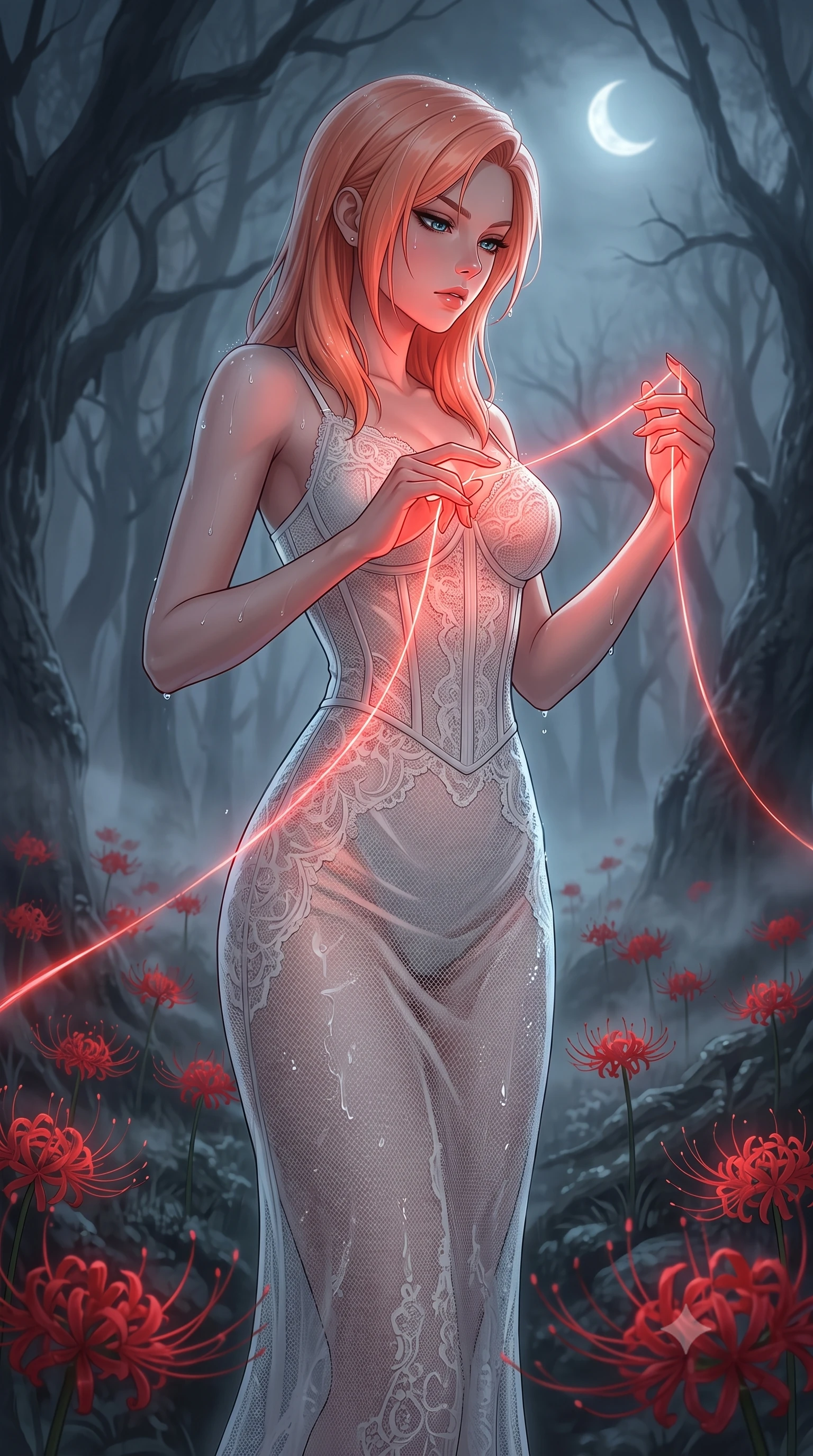 score_9, masterpiece, best quality, ultra-detailed, High-budget Anime Keyframe, East Asian woman. Low angle cowboy shot filling the entire 9:16 frame with her statuesque presence. Scenario 524: tracing a glowing red thread of fate with her fingers in a misty dark forest under a crescent moon with red spider lilies blooming. Her presence is magnetic and overpowering in this high-budget anime scene. Outfit 524: a slim-fit pearl white micro-mesh lace slip dress layered over a structured corset bodice. The clothing is designed to emphasize her exceptionally tall and slender 8-heads proportion. 8-heads proportion, towering silhouette, ultra-slim waist. sharp v-shaped jawline, intricate jewel-like eyes with depth, thick eyelashes, glossy lips. 2k, ultra detail, master piece, 9:16 ratio