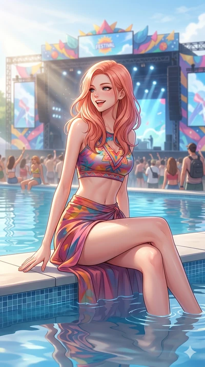 score_9, masterpiece, best quality, ultra-detailed, high-budget anime keyframe, vibrant anime aesthetic, Japanese woman. cowboy shot from the thighs up, character and outfit filling the frame for maximum presence. She is sitting by the infinity pool,