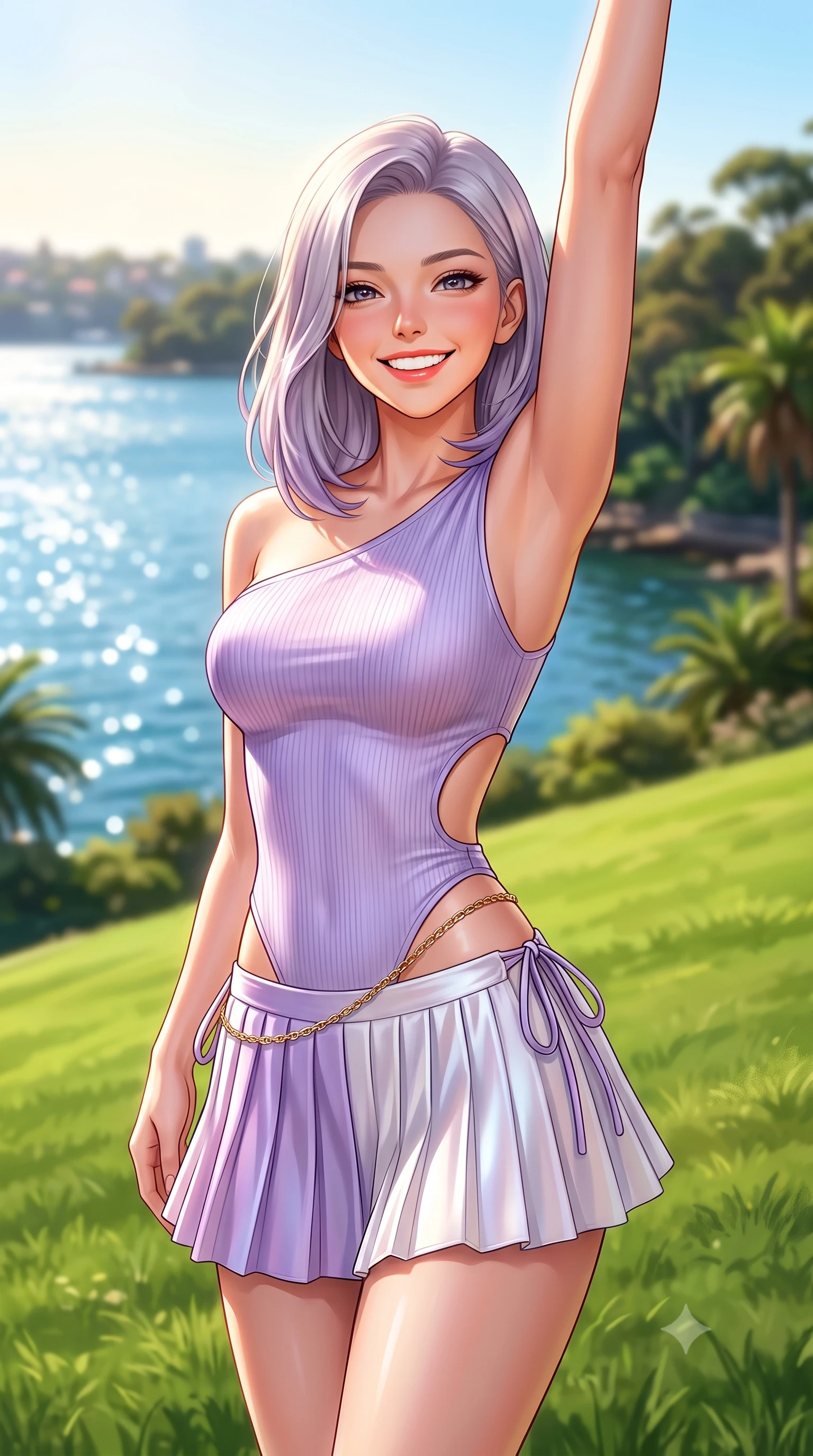 score_9, masterpiece, best quality, ultra-detailed, high-budget anime keyframe, semi-realistic 3D game render, editorial fashion photography, tasteful artistic composition, Caucasian woman. close-up cowboy shot from the waist and thighs up, the character dominates the composition, filling the frame with her large presence. playfully stretching one arm overhead toward the sun, her radiant smile capturing fresh girlhood charm while her arched torso reveals an intoxicating hip contour while standing on the sloping green lawn directly overlooking the sparkling blue harbour, arching her back with an infectious, sun-kissed smile. The composition keeps background elements in soft focus with dreamy creamy bokeh. lush subtropical botanic trees and manicured lawns softened in vibrant Australian shallow focus. She has an exceptionally elegant, slender, and willowy female figure with an ultra-slim waist, flat toned midriff, narrow ribcage, and sculpted feminine hips creating an alluring, slim hourglass silhouette without bulk. sharp v-shaped jawline, high-bridge nose, intricate jewel-like sparkling eyes with depth, thick eyelashes, glossy parted lips with a natural peach sheen, bright cheerful beaming smile with an enchanting and coquettish sensual glint, exuding both youthful cute charm and seductive allure, flawlessly proportioned anatomical accuracy, strict slender model proportions, natural body alignment, perfectly sculpted long slender limbs, ultra-slim waistline, clean dynamic posture without body distortion. wearing an asymmetrical one-shoulder ribbed top paired with a micro-pleated skirt with side hip ties in delicate lavender violet and pearlescent white, made of smooth fluid silk satin with a delicate pearlescent sheen, accented with a delicate gold chain belt resting loosely on her curvy hips, the precision-cut side openings and low-back scoop framing her graceful spine and the sensual sweep of her slim, toned hips. illuminated by intense specular sea reflections sharply carving her razor-sharp jawline, narrow waist, and curvy hips. highly saturated vibrant anime colors, detailed shading with soft gradients, rich glossy textures, high-contrast stereoscopic depth, volumetric dynamic lighting, master piece, 9:16 ratio