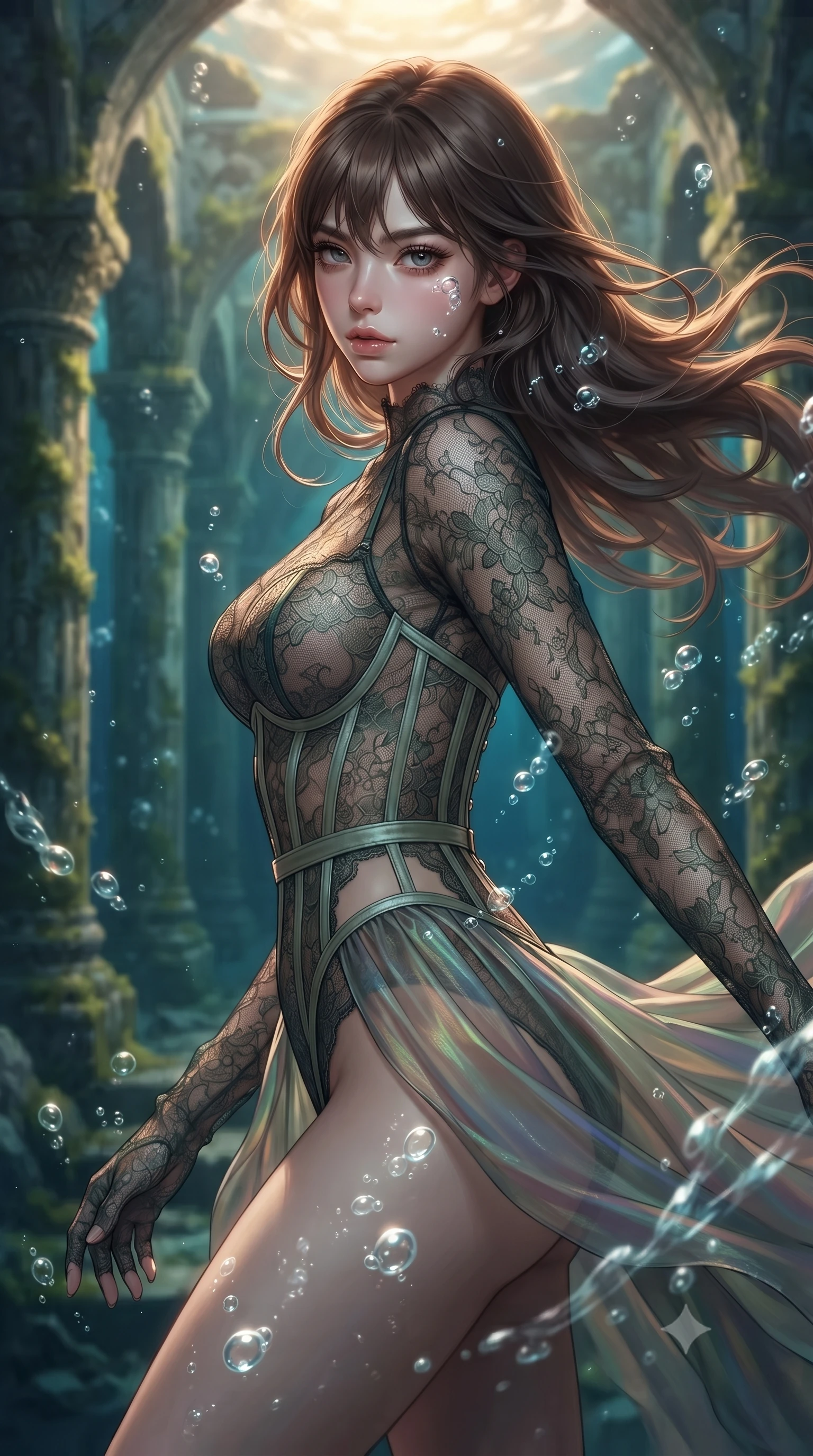 score_9, masterpiece, best quality, ultra-detailed, high-budget anime keyframe, editorial fashion photography, tasteful artistic composition, Korean woman. close-up cowboy shot from the waist and thighs up, the character dominates the composition, filling the frame with her large presence, background elements kept in soft focus. Pivoting sharply while looking back over her shoulder with heavy lashes and a confident, intense gaze while gliding dynamically through a sunken colonnade as ocean currents swirl her flowing gown, rising bioluminescent bubbles casting soft pearl-like highlights on her skin. She has an exceptionally elegant, slender, and willowy female figure with an ultra-slim waist, a gracefully sculpted slender torso, and a refined silhouette. sharp v-shaped jawline, high-bridge nose, intricate jewel-like eyes with depth, thick eyelashes, glossy lips with a natural sheen, flawlessly proportioned anatomical accuracy, natural body alignment, perfectly sculpted elegant limbs, clean dynamic posture without body distortion. wearing a sheer dark lace pattern bodysuit with structured corsetry boning in sage green and oatmeal, crafted from iridescent chiffon that shifts colors in the light, featuring clean architectural cutouts along her slender torso, the glove-like fit emphasizing her statuesque silhouette during motion. illuminated by deep sea bioluminescence and warm golden top lighting. ultra-reflective glossy finish, specular highlights, metallic sheen, high-contrast stereoscopic depth, volumetric dynamic lighting, 2k, ultra detail, master piece, 9:16 ratio