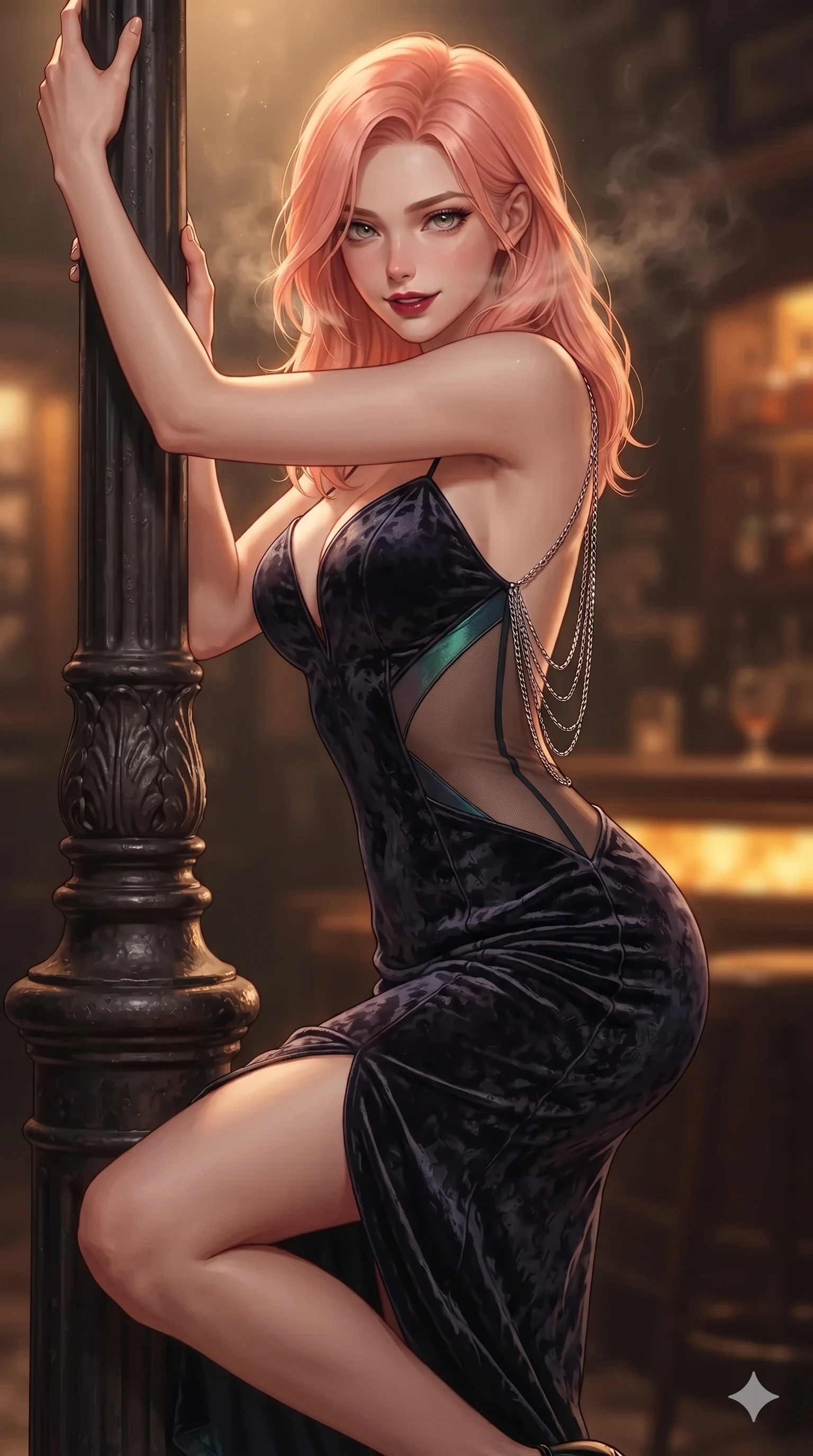 score_9, masterpiece, best quality, ultra-detailed, high-budget anime keyframe, editorial fashion photography, tasteful artistic composition, Japanese woman. close-up cowboy shot from the waist and thighs up, the character dominates the composition, filling the frame with her large presence. leaning against a historic cast-iron lamppost with one knee bent, night mist drifting through her hair as her dark outfit traces her feminine curves while twisting her slender torso in an alluring contrapposto stance, warm golden onyx light illuminating her flat midriff and hourglass curves. The background shows a soft-focus exclusive London speakeasy atmosphere softened in intimate barroom shallow focus. She has an exceptionally elegant, slender, and willowy female figure with an ultra-slim waist, flat toned midriff, narrow ribcage, and sculpted feminine hips creating an alluring, slim hourglass silhouette without bulk. sharp v-shaped jawline, high-bridge nose, intricate jewel-like dark sparkling eyes with dangerous depth, thick curled eyelashes, glossy parted lips with a rich wine sheen, smoldering seductive half-smile with bedroom-eyes, exuding effortless superiority and intoxicating dark allure, flawlessly proportioned anatomical accuracy, strict slender model proportions, natural body alignment, perfectly sculpted long slender limbs, ultra-slim waistline, clean dynamic posture without body distortion. wearing an alluring plunging sweetheart bodice dress with sheer mesh side-waist cutouts contouring her ribs in iridescent petroleum beetle-sheen and deep graphite, tailored from crushed dark velvet with deep light-absorbing plush texture, accented with an open-back drape framed by falling strands of delicate chrome chains, the precision-cut side openings and low-back scoop framing her graceful spine and the sensual sweep of her slim, toned hips. bathed in the luminous, warm amber glow of backlit honey onyx counter casting flattering underlights. ultra-reflective glossy finish, specular highlights, rich textural contrasts, high-contrast stereoscopic depth, volumetric dynamic lighting, 2k, ultra detail, master piece, 9:16 ratio