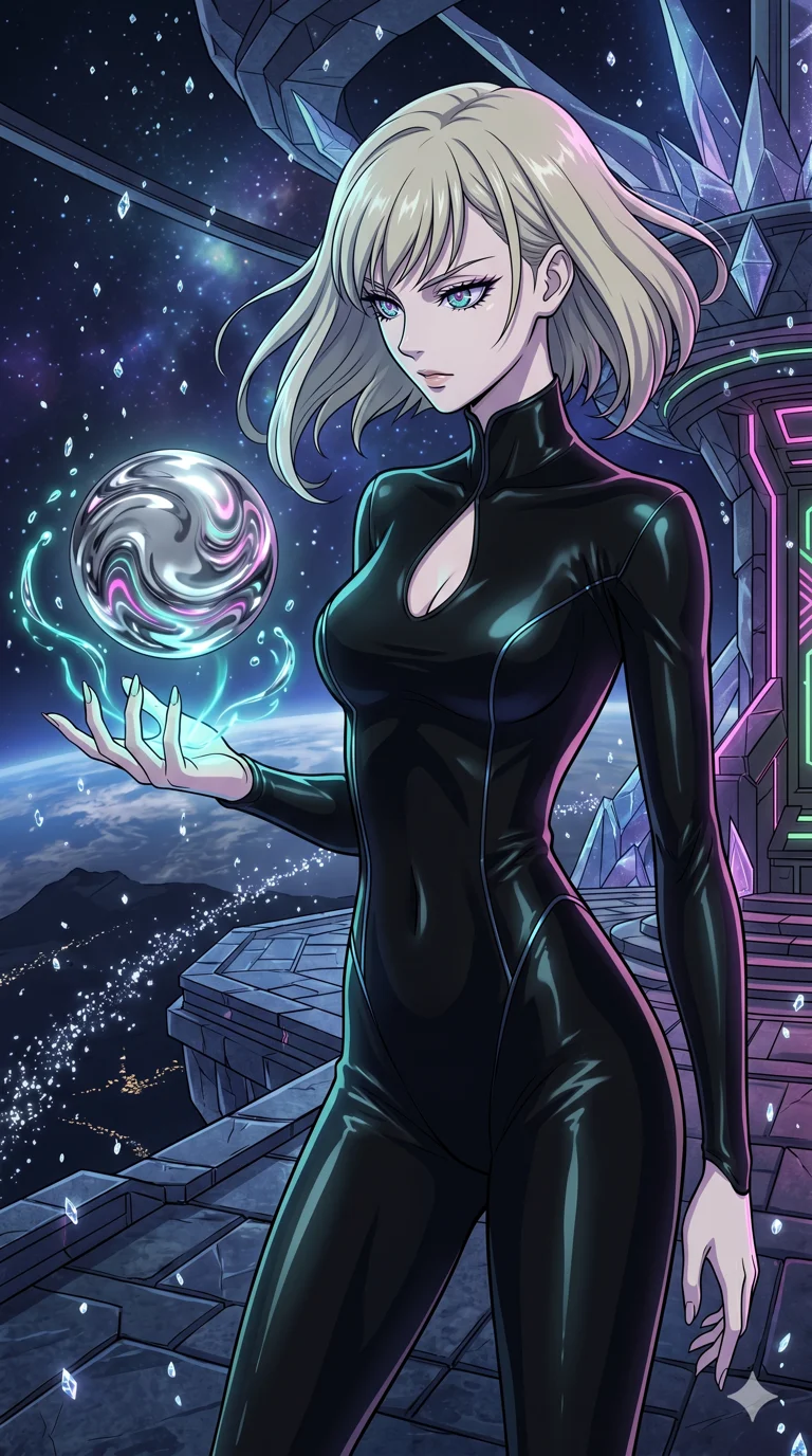 score_9, masterpiece, best quality, ultra-detailed, High-budget Anime Keyframe, vibrant colors, fluid line-art, expressive lighting, cinematic composition, Ufotable-style visual effects, top-tier animation quality, Caucasian woman with pale skin and refined features. Low angle cowboy shot filling the entire 9:16 frame with her statuesque presence, looking up to emphasize her height. Manipulating a sphere of liquid mercury that reflects the neon pulse of the surroundings. She has an absolutely perfect 8-heads proportion, an exceptionally tall and slender female figure with impossibly long slender legs and an ultra-slim waist, her statuesque height and towering silhouette dominating the vertical 9:16 frame. Her face is a masterpiece featuring a sharp v-shaped jawline, high-bridge nose, intricate jewel-like eyes with depth, thick eyelashes, and glossy lips with a natural sheen. She is wearing a Sleek liquid-silk jumpsuit that clings to her frame, with a high collar and a small strategic teardrop cutout. The scene is set in a celestial terrace overlooking a planet where it rains liquid diamonds. 2k, ultra detail, master piece, 9:16 ratio