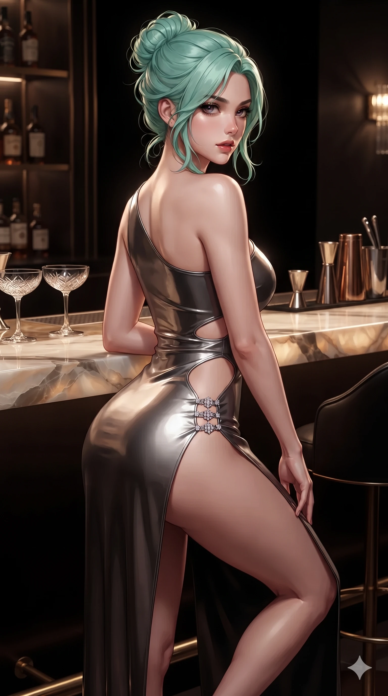 score_9, masterpiece, best quality, ultra-detailed, high-budget anime keyframe, editorial fashion photography, tasteful artistic composition, Japanese woman. close-up cowboy shot from the waist and thighs up, the character dominates the composition, filling the frame with her large presence. posing in an alluring rear three-quarter angle, turning over a bare shoulder with an intoxicating, smoldering gaze, her hips cocked back to highlight her slim hourglass curve while sliding gracefully off the barstool, hips swaying in an alluring sensual rhythm that accentuates her curvy hourglass silhouette. The surrounding environment is rendered in vivid detail and crisp panoramic clarity: sharp translucent onyx stone veining, cut-crystal coupe glass clarity, and polished brass footrail reflections in deep focus. She has an exceptionally elegant, slender, and willowy female figure with an ultra-slim waist, flat toned midriff, narrow ribcage, and sculpted feminine hips creating an alluring, slim hourglass silhouette without bulk. sharp v-shaped jawline, high-bridge nose, intricate jewel-like dark sparkling eyes with dangerous depth, thick curled eyelashes, glossy parted lips with a rich wine sheen, smoldering seductive half-smile with bedroom-eyes, exuding effortless superiority and intoxicating dark allure, flawlessly proportioned anatomical accuracy, strict slender model proportions, natural body alignment, perfectly sculpted long slender limbs, ultra-slim waistline, clean dynamic posture without body distortion. wearing an asymmetric one-shoulder metallic patent leather mini dress with a dramatic side slit hugging her hips in liquid mercury chrome and smoky quartz, made of fluid liquid jersey with seamless sculpting hold and smooth contours, finished with an ultra-high side slit secured by miniature jeweled clasps, the precision-cut side openings and low-back scoop framing her graceful spine and the sensual sweep of her slim, toned hips. illuminated by mirror reflection bounce and sharp bronze-champagne rim lights sculpting her razor-sharp jawline, narrow waist, and curvy hips. ultra-reflective glossy finish, specular highlights, rich textural contrasts, high-contrast stereoscopic depth, volumetric dynamic lighting, 2k, ultra detail, master piece, 9:16 ratio