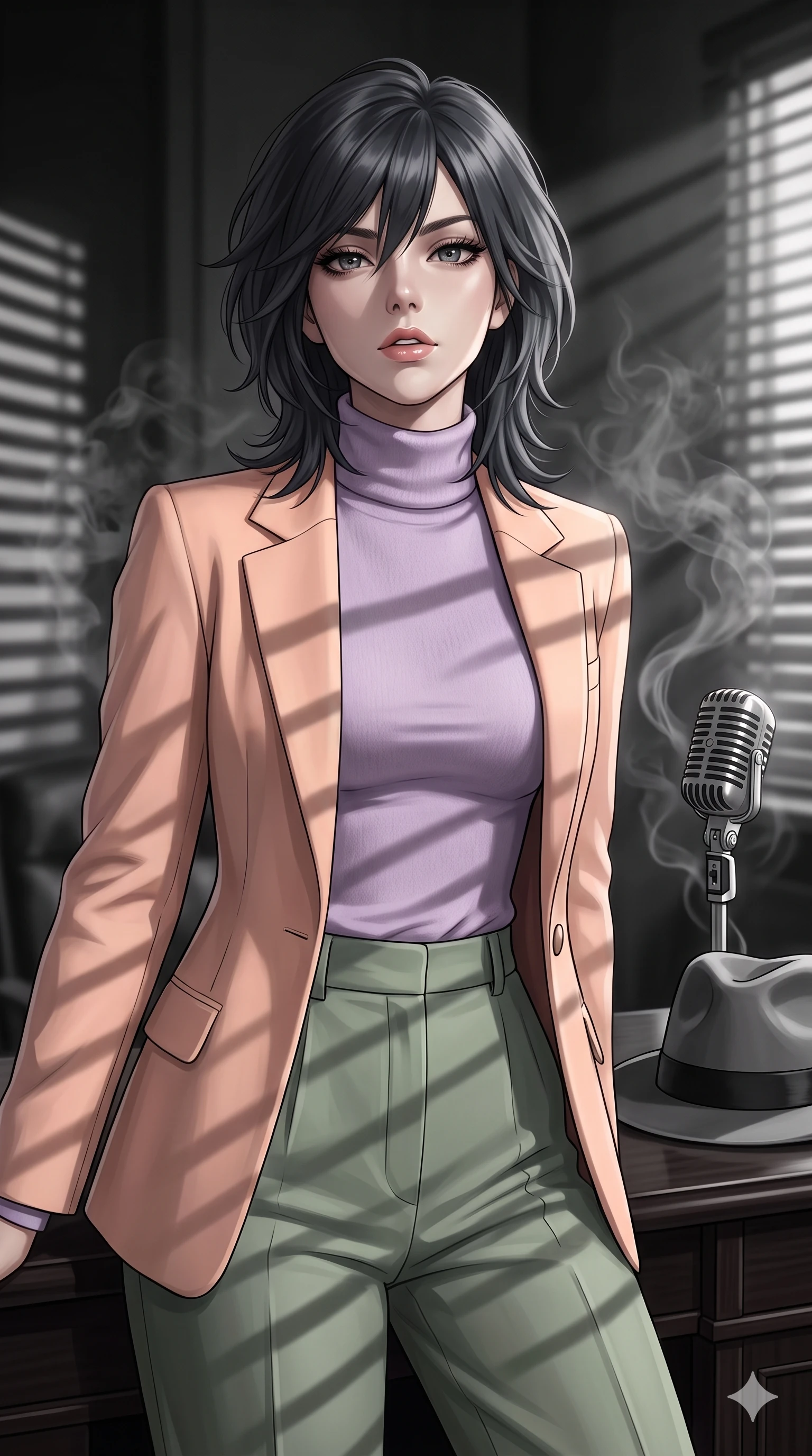 score_9, masterpiece, best quality, ultra-detailed, high-budget anime keyframe, editorial fashion photography, tasteful artistic composition, Caucasian woman, strictly human ears. close-up cowboy shot from the waist and thighs up, the character dominates the composition, filling the frame with her large presence, background elements kept in soft focus. Tilting her chin up slightly with lips parted in a composed expression. set against a soft-focus background of a classic monochrome film noir movie set with venetian blind shadows cutting across the space smoky tendrils drifting past a vintage microphone and a fedora resting on a mahogany desk. She has an exceptionally elegant and slender, willowy female figure with an ultra-slim waist, a gracefully sculpted slender torso, and a refined slim physique. sharp v-shaped jawline, high-bridge nose, intricate jewel-like eyes with depth, thick eyelashes, glossy lips with a natural sheen. wearing a soft lilac purple cashmere turtleneck layered under a pastel peach tailored blazer, paired with sage green wide-leg trousers. high-contrast chiaroscuro lighting with a single harsh tungsten key light slicing through venetian blinds creating dramatic parallel shadow bars across everything. 2k, ultra detail, master piece, 9:16 ratio
