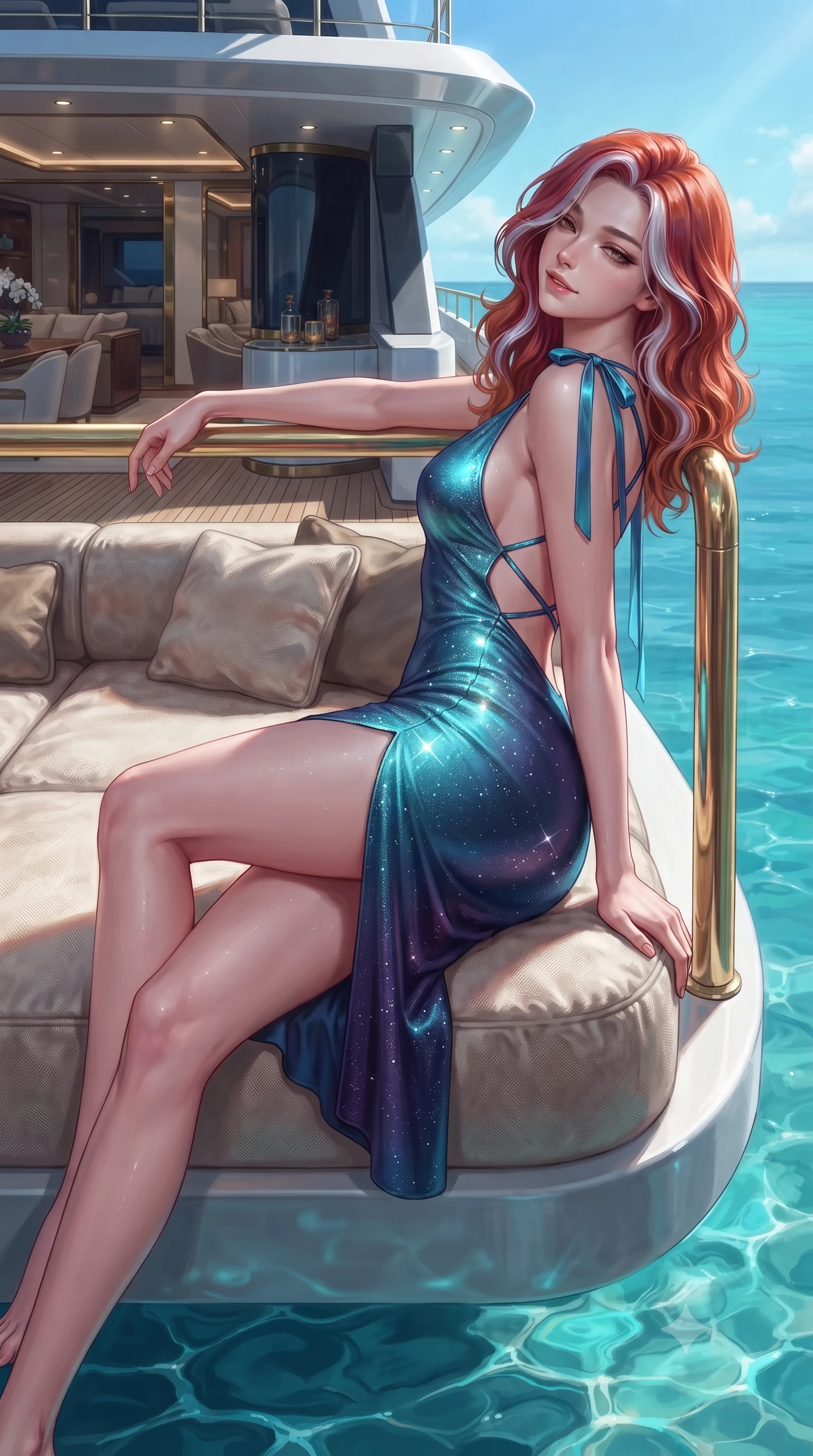 score_9, masterpiece, best quality, ultra-detailed, high-budget anime keyframe, editorial fashion photography, tasteful artistic composition, Caucasian woman. close-up cowboy shot from the waist and thighs up, the character dominates the composition, filling the frame with her large presence. leaning back against the balustrade with relaxed seductive grace, head tilted back slightly while casting a hypnotic, heavy-lidded gaze while reclining gracefully across the king-size daybed propped on one elbow with legs extended, displaying her long slender limbs and statuesque hourglass silhouette in the deep. The surrounding environment is rendered in vivid detail and crisp panoramic clarity: detailed garment lines, wet cling or bodycon fit, and cutting-edge marine architectural engineering in razor-sharp precision. She has an exceptionally elegant, slender, and willowy female figure with an ultra-slim waist, flat toned midriff, narrow ribcage, and sculpted feminine hips creating an alluring, slim hourglass silhouette without bulk. sharp v-shaped jawline, high-bridge nose, intricate jewel-like sparkling eyes with depth, thick eyelashes, glossy parted lips with a natural peach sheen, bright cheerful beaming smile with an enchanting and coquettish sensual glint, exuding both youthful cute charm and seductive allure, flawlessly proportioned anatomical accuracy, strict slender model proportions, natural body alignment, perfectly sculpted long slender limbs, ultra-slim waistline, clean dynamic posture without body distortion. wearing a backless liquid lamé mini dress with criss-cross spinal straps and daring side slit in Maldivian bioluminescent electric cyan and midnight indigo, woven from stretch metallic lurex jersey casting radiant starlight glints across her curves, finished with satin ribbon ties at the shoulders fluttering in the gentle breeze, the bespoke structured tailoring following the natural line of her 8.5-heads silhouette with refined elegance. illuminated by water caustics bounce and sharp platinum-cyan rim lights sculpting her jawline, narrow waist, and curvy hips. ultra-reflective glossy finish, specular highlights, rich textural contrasts, high-contrast stereoscopic depth, volumetric dynamic lighting, 2k, ultra detail, master piece, 9:16 ratio