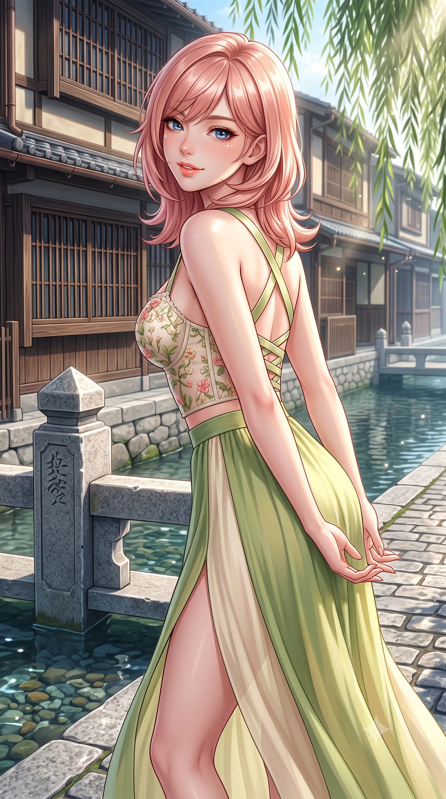 score_9, masterpiece, best quality, ultra-detailed, high-budget anime keyframe, semi-realistic 3D game render, editorial fashion photography, tasteful artistic composition, Japanese woman. close-up cowboy shot from the waist and thighs up, the character dominates the composition, filling the frame with her large presence. resting both hands lightly behind her back while leaning toward the lens with a cheerful, teasing grin, her form-fitting outfit hugging her narrow waist and feminine hip curve while standing poised on the cobblestone canal path beside historic wooden machiya teahouses, twisting her slender torso in an alluring contrapposto stance. The surrounding environment is rendered in vivid detail and crisp panoramic clarity. sharp carved granite bridge masonry, dark wooden lattice window screens, and canal pebble clarity in deep focus. She has an exceptionally elegant, slender, and willowy female figure with an ultra-slim waist, flat toned midriff, narrow ribcage, and sculpted feminine hips creating an alluring, slim hourglass silhouette without bulk. sharp v-shaped jawline, high-bridge nose, intricate jewel-like sparkling eyes with depth, thick eyelashes, glossy parted lips with a natural peach sheen, bright cheerful beaming smile with an enchanting and coquettish sensual glint, exuding both youthful cute charm and seductive allure, flawlessly proportioned anatomical accuracy, strict slender model proportions, natural body alignment, perfectly sculpted long slender limbs, ultra-slim waistline, clean dynamic posture without body distortion. wearing a delicate floral embroidery bustier top paired with a flowy high-slit chiffon maxi skirt with a side hip opening in matcha green and warm ivory, crafted from liquid-tight stretch jersey emphasizing every curve, finished with criss-cross back satin straps highlighting her graceful shoulder blades, the form-fitting cut adhering flawlessly to her sculpted flat midriff and slender torso, emphasizing her long leg lines and perfectly proportioned willowy build. bathed in soft, sparkling morning sunbeams filtering through willow fronds onto the canal. highly saturated vibrant anime colors, detailed shading with soft gradients, rich glossy textures, high-contrast stereoscopic depth, volumetric dynamic lighting, master piece, 9:16 ratio