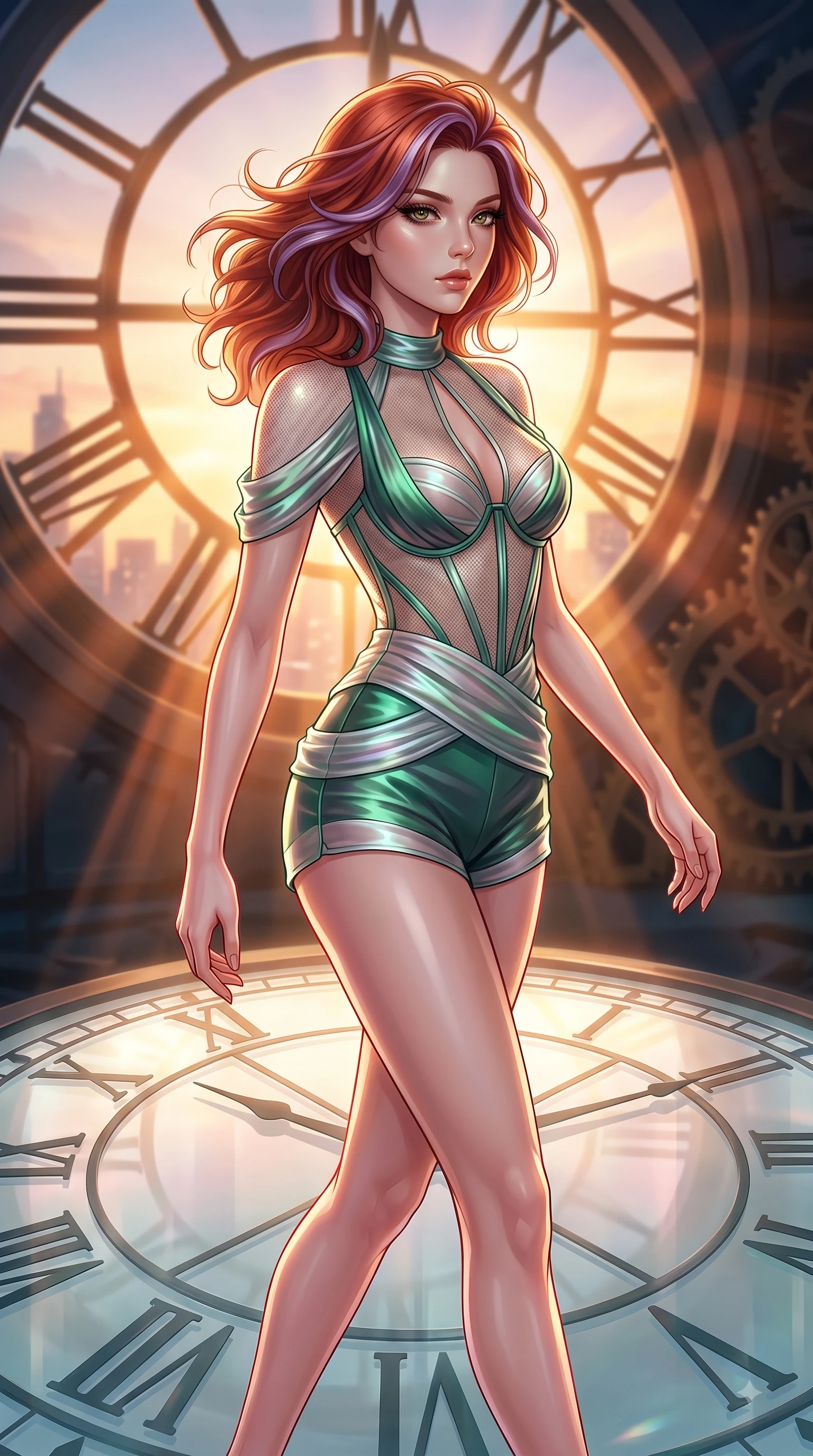 score_9, masterpiece, best quality, ultra-detailed, high-budget anime keyframe, editorial fashion photography, tasteful artistic composition, Caucasian woman. close-up cowboy shot from the waist and thighs up, the character dominates the composition, filling the frame with her large presence, background elements kept in soft focus. Gazing past the lens with smoldering intensity as her torso curves dynamically in mid-stride while standing atop a giant translucent Roman numeral clock dial in a high tower at dusk, dramatic twilight amber light streaming through the giant clock window in bold beams. She has an exceptionally elegant, slender, and willowy female figure with an ultra-slim waist, a gracefully sculpted slender torso, and a refined silhouette. sharp v-shaped jawline, high-bridge nose, intricate jewel-like eyes with depth, thick eyelashes, glossy lips with a natural sheen, flawlessly proportioned anatomical accuracy, natural body alignment, perfectly sculpted elegant limbs, clean dynamic posture without body distortion. wearing a delicate see-through mesh top with structured cup boning and micro-shorts in deep emerald green and silver accent, crafted from iridescent chiffon that shifts colors in the light, accented with a Tasteful chest slit framing her clavicle gracefully, the elegant draped fit framing her graceful clavicle and slender torso. bathed in warm twilight amber backlighting and rich metallic specular glow. highly saturated vibrant anime colors, detailed shading with soft gradients, rich glossy textures, high-contrast stereoscopic depth, volumetric dynamic lighting, master piece, 9:16 ratio