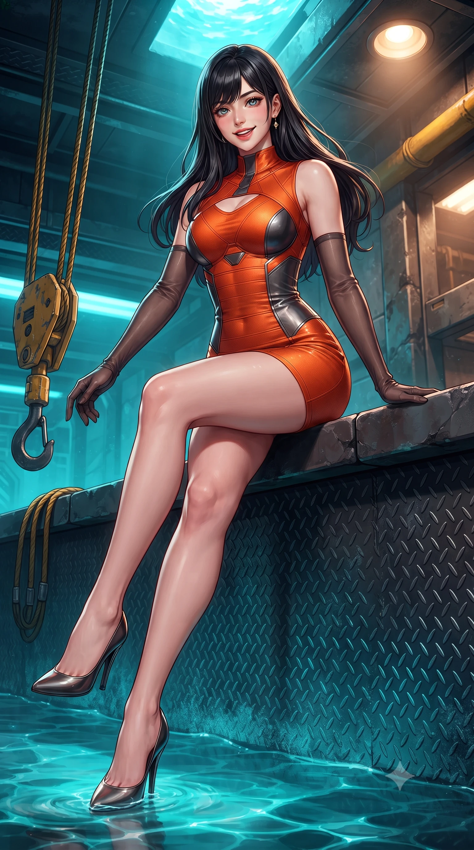score_9, masterpiece, best quality, ultra-detailed, high-budget anime keyframe, editorial fashion photography, tasteful artistic composition, Caucasian woman. low angle full-body shot from head to toe showing her feet, filling the entire 9:16 vertical frame with her statuesque presence, stretching her vertical silhouette. stepping forward in a confident stride, her long slender legs and curvaceous hips creating a dynamic, sweeping vertical line while sitting gracefully on the heated basalt ledge with legs crossed, flashing an enchanting smile with parted glossy lips. The surrounding environment is rendered in vivid detail and crisp panoramic clarity: sharp frosted diamond-plate steel textures, heavy yellow crane cables, and clear water ripple caustics in deep focus. She has an exceptionally tall and slender model-like 8.5-heads proportion, an ultra-slim waist, a flat toned midriff, narrow delicate ribcage, and beautifully sculpted feminine hips creating a graceful, slim hourglass silhouette without any bulky heaviness, with impossibly long slender legs. sharp v-shaped jawline, high-bridge nose, intricate jewel-like sparkling eyes with depth, thick eyelashes, glossy parted lips with a natural peach sheen, bright cheerful beaming smile with an enchanting and coquettish sensual glint, exuding both youthful cute charm and seductive allure, flawlessly proportioned anatomical accuracy, strict slender model proportions, natural body alignment, perfectly sculpted long slender limbs, ultra-slim waistline, clean dynamic posture without body distortion. wearing a dense bandage-knit tactical officer dress with subtle geometric chest accents contouring her delicate ribcage and feminine hips in volcanic ember orange and brushed gunmetal, tailored from high-gloss patent leather with mirror-like specular highlights, complemented by sheer opera-length evening gloves tracing her slender arms, the bespoke structured tailoring following the natural line of her 8.5-heads silhouette with refined elegance. bathed in brilliant turquoise water up-light combined with warm 2800K platform recessed downlights. ultra-reflective glossy finish, specular highlights, rich textural contrasts, high-contrast stereoscopic depth, volumetric dynamic lighting, 2k, ultra detail, master piece, 9:16 ratio
